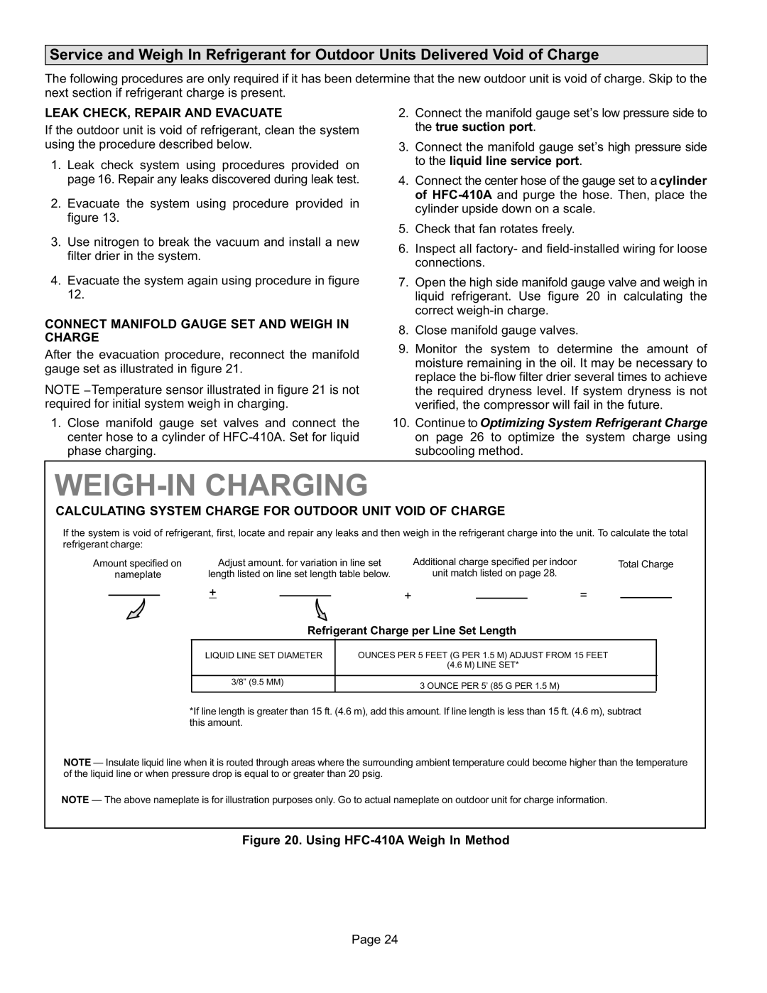 Lenox P506640-01 installation instructions Leak CHECK, Repair and Evacuate, Connect Manifold Gauge SET and Weigh in Charge 