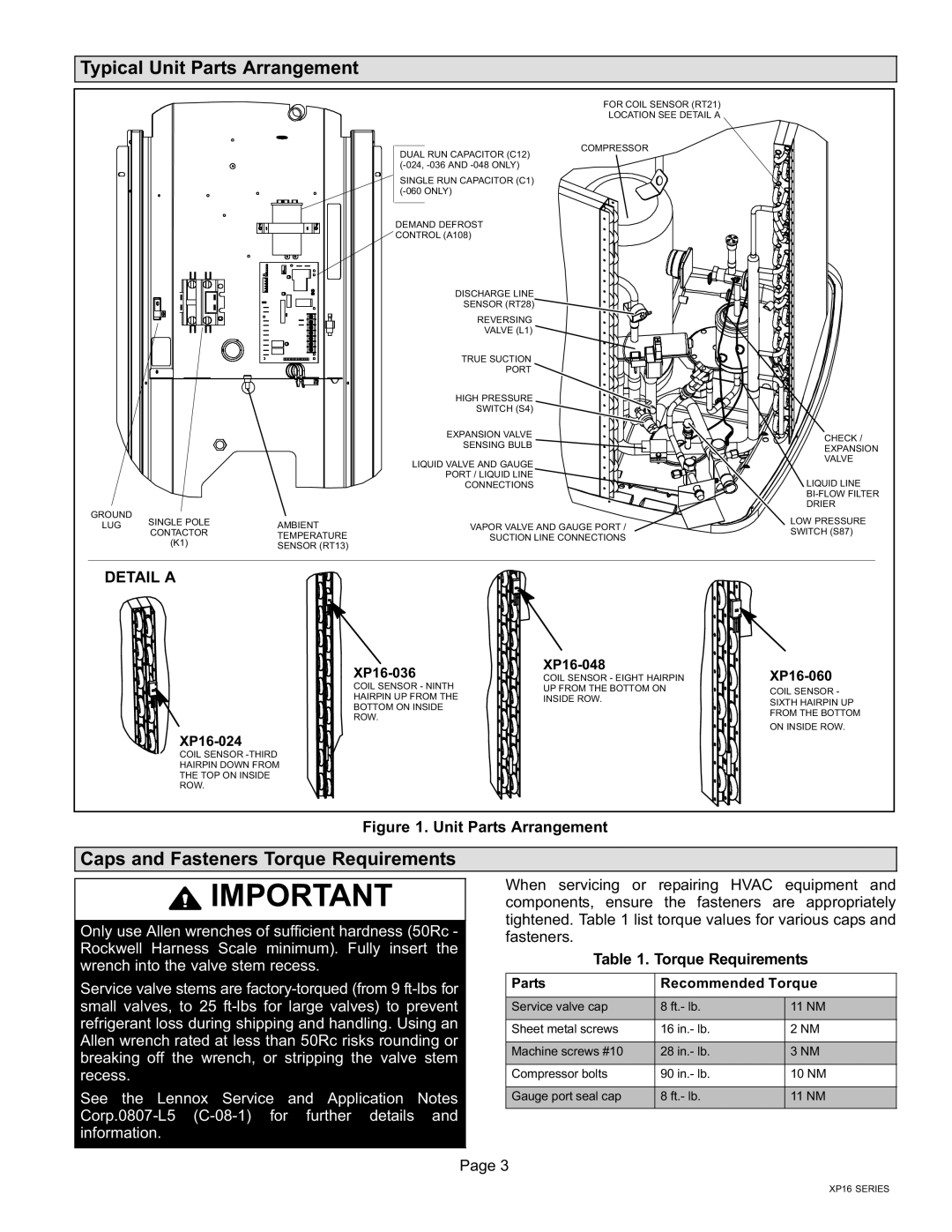 Lenox Elite Series XP16 Units Heat Pumps Typical Unit Parts Arrangement, Caps and Fasteners Torque Requirements, Detail a 