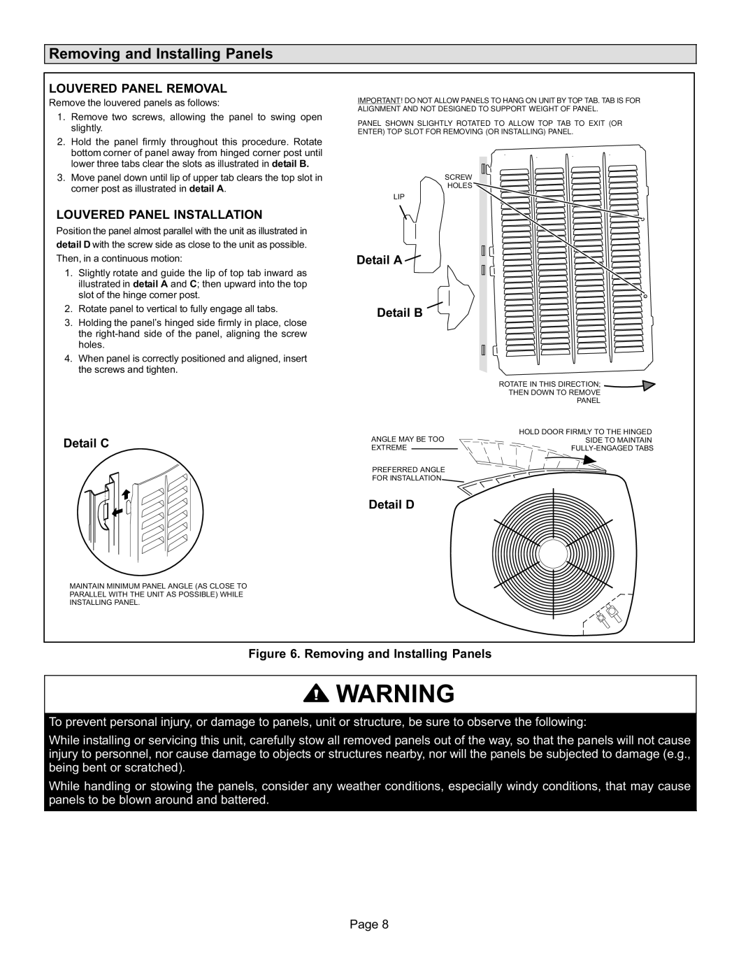 Lenox P506640-01 Removing and Installing Panels, Louvered Panel Removal, Louvered Panel Installation 