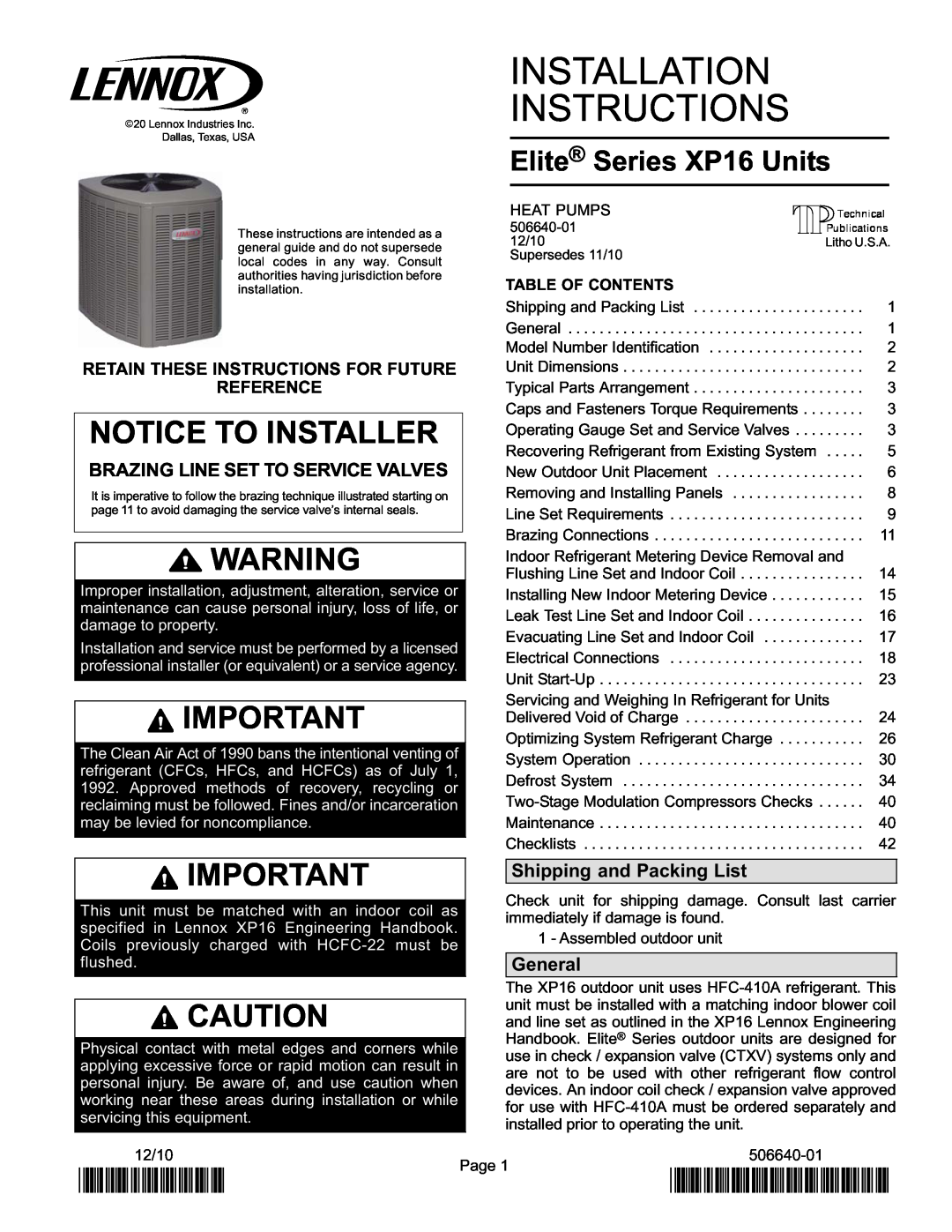 Lenox Elite Series XP16 Units Heat Pumps installation instructions Notice To Installer, 2P1210, P506640-01, General 