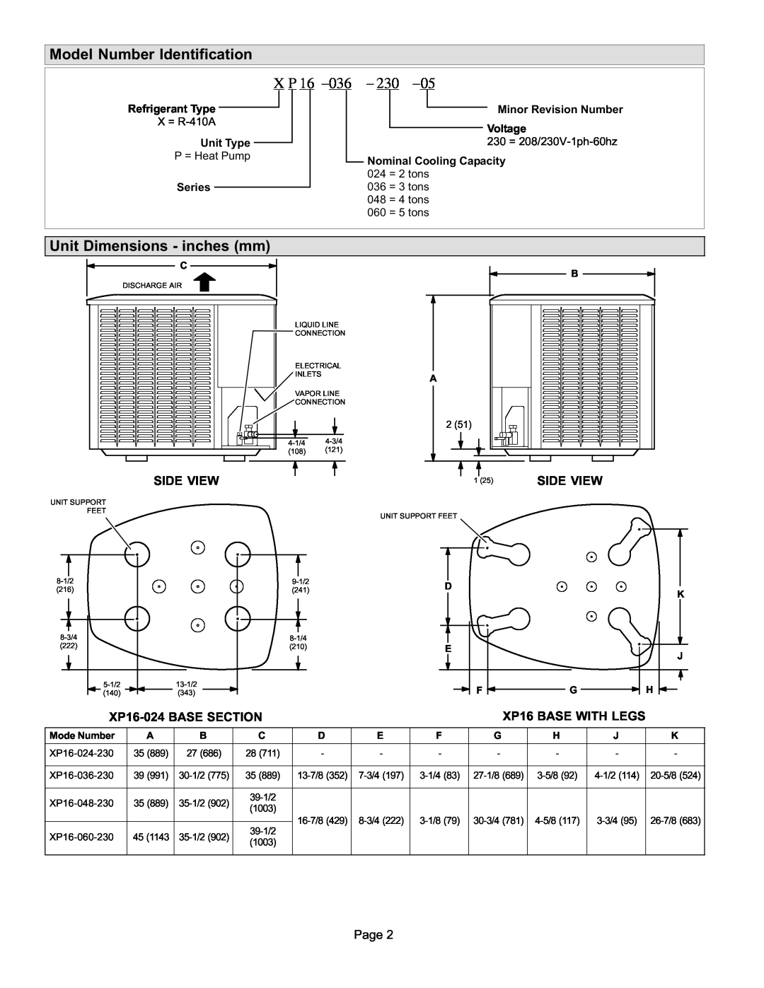 Lenox P506640-01 installation instructions Model Number Identification, Unit Dimensions − inches mm, X P16 −036, 230−05 