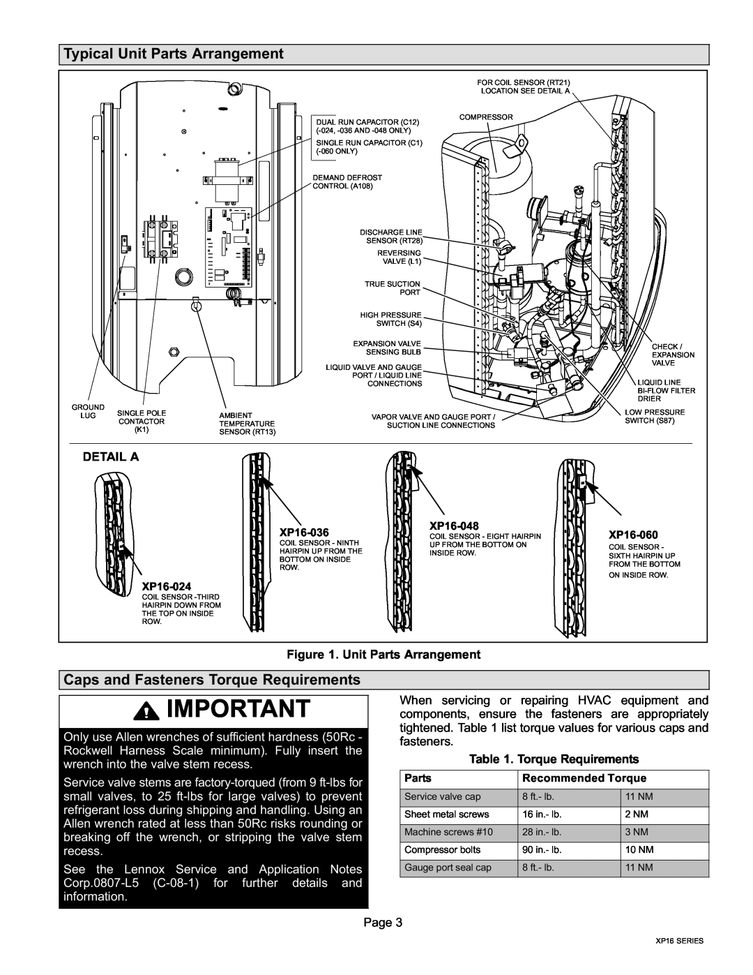 Lenox Elite Series XP16 Units Heat Pumps Typical Unit Parts Arrangement, Caps and Fasteners Torque Requirements, Detail A 