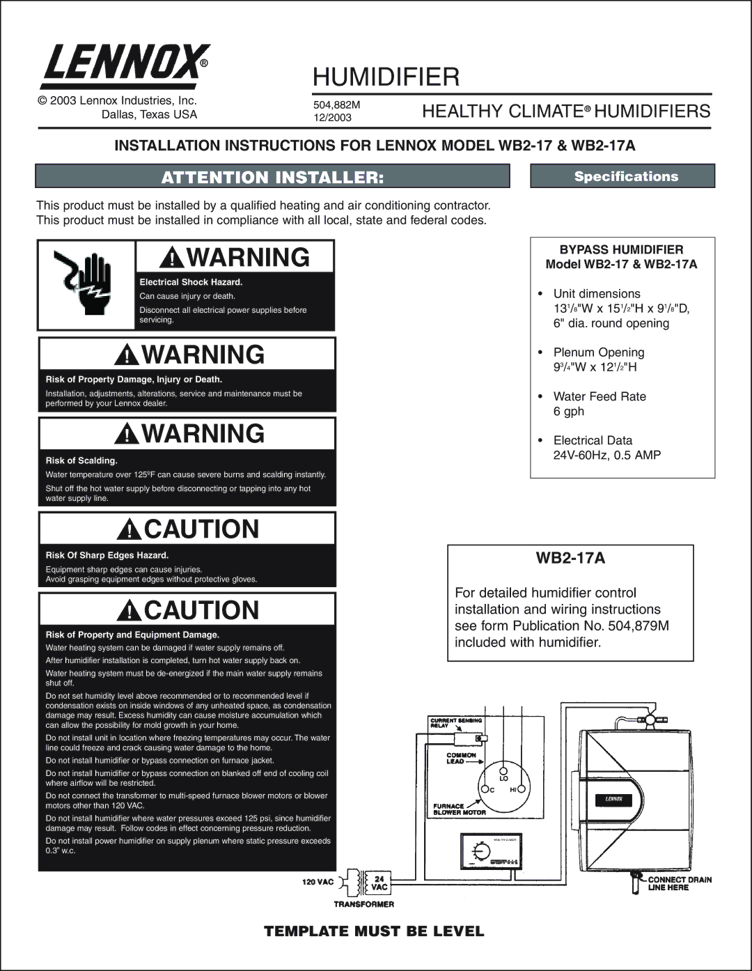 Lenox wb2-17a installation instructions WB2-17A 