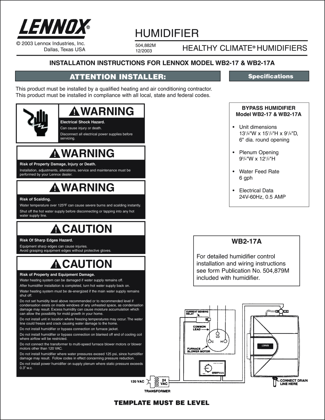 Lenox wb2-17 installation instructions WB2-17A, Healthy Climate Humidifiers, Attention Installer, Specifications 
