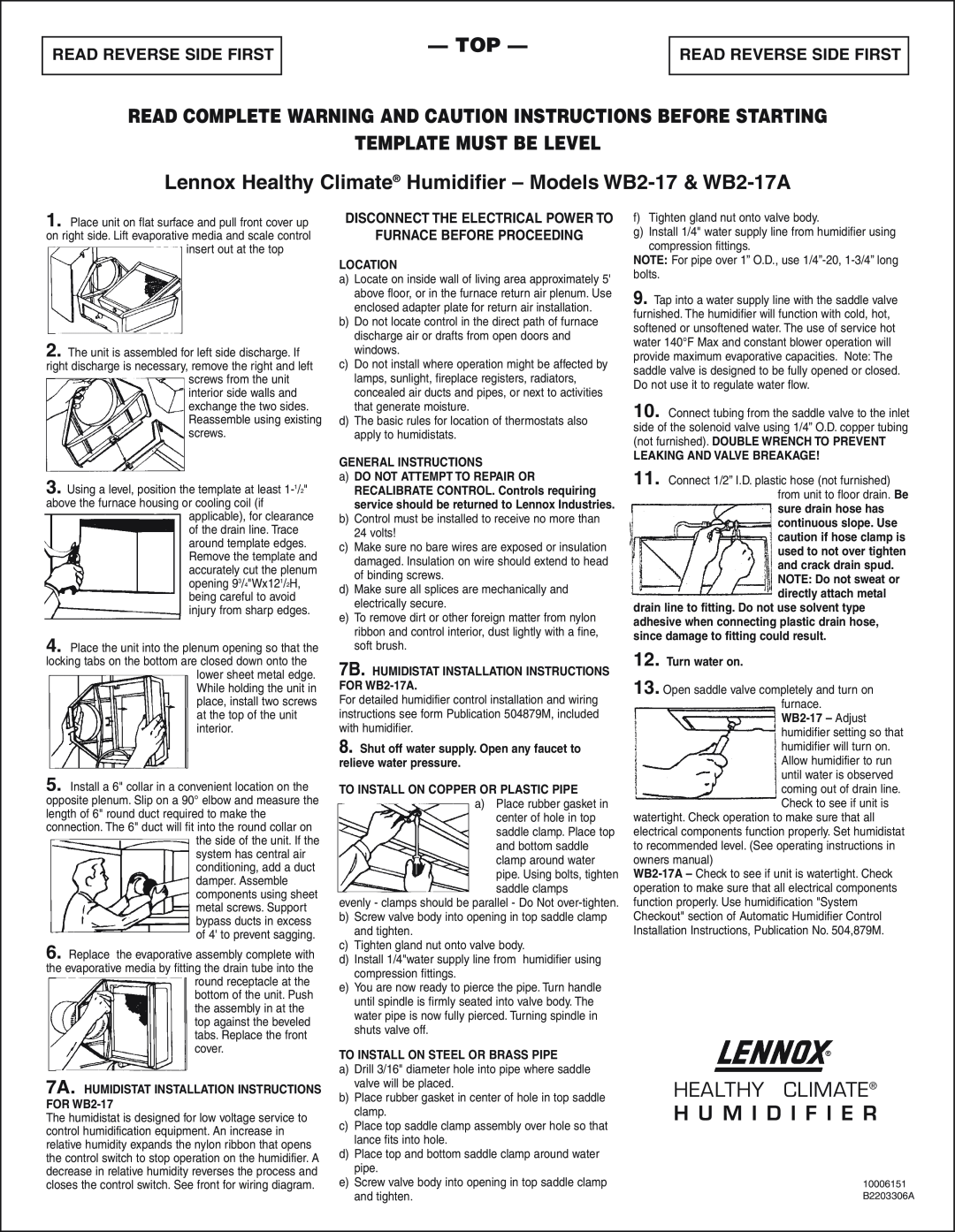 Lenox wb2-17a Top, Template Must Be Level, Healthy Climate H U M I D I F I E R, Read Reverse Side First 