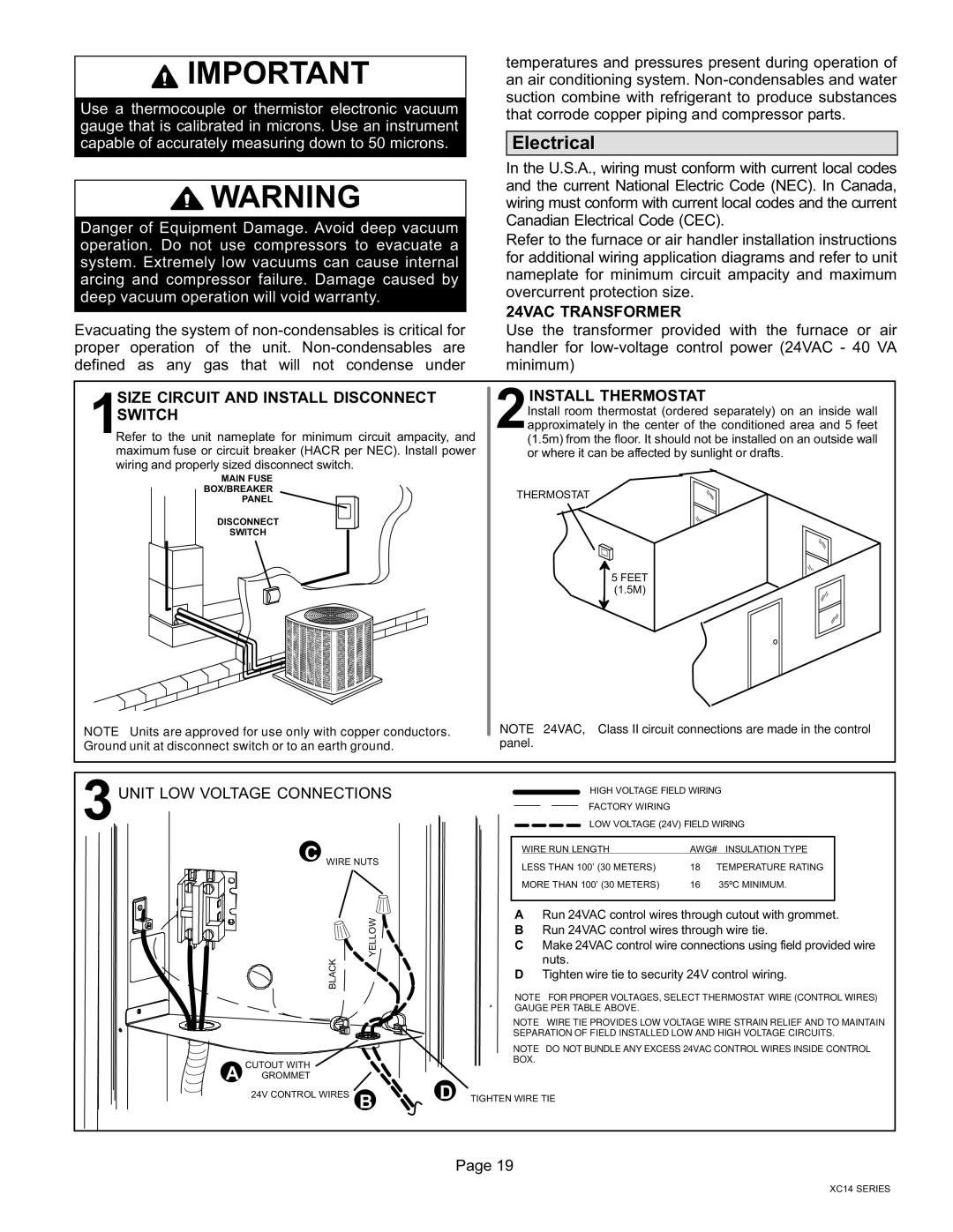 Lenox Elite Series, XC14 Electrical, 24VAC Transformer, Size Circuit and Install Disconnect, 2INSTALL Thermostat 