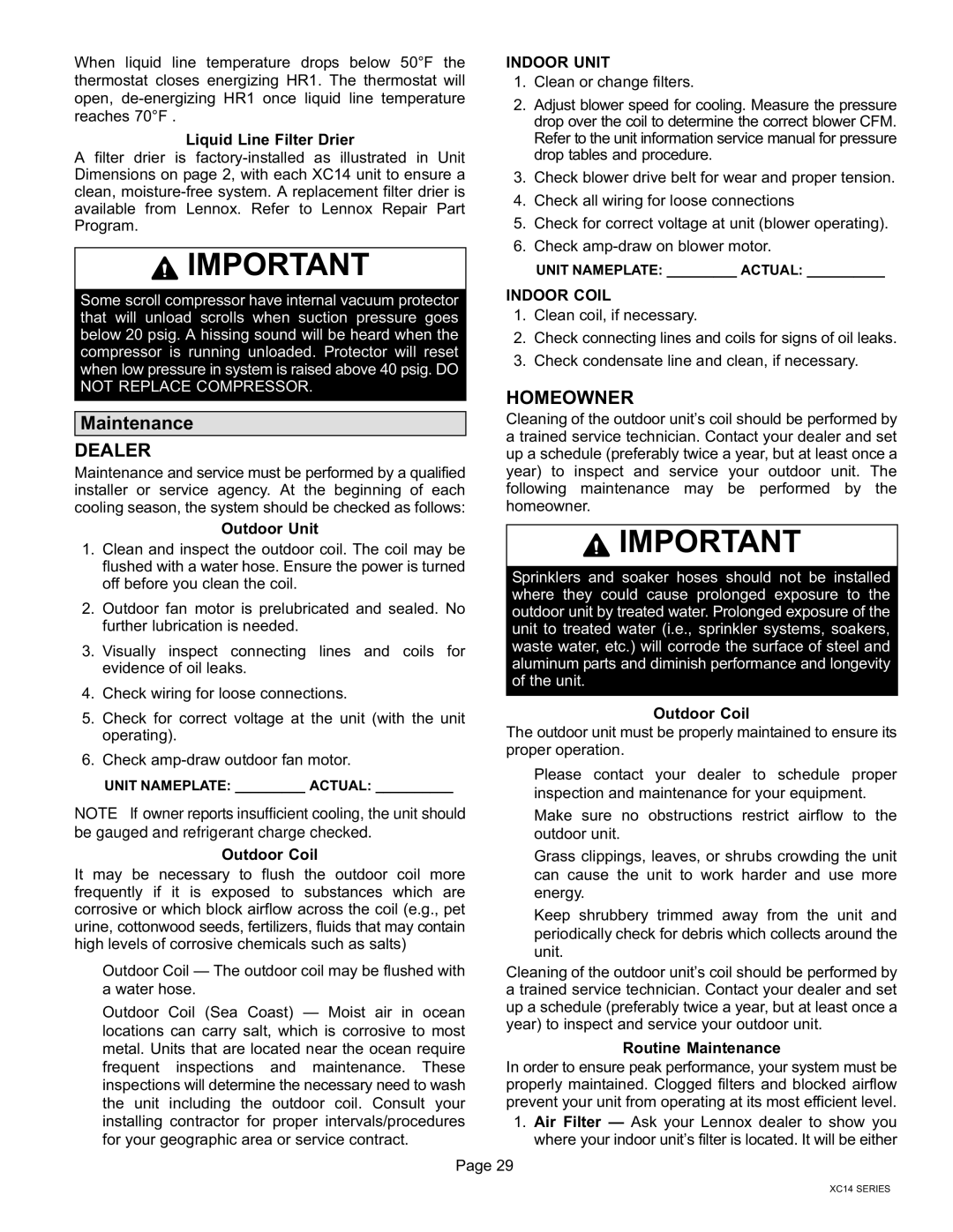 Lenox Elite Series, XC14 installation instructions Maintenance, Indoor Unit, Indoor Coil, Unit Nameplate Actual 