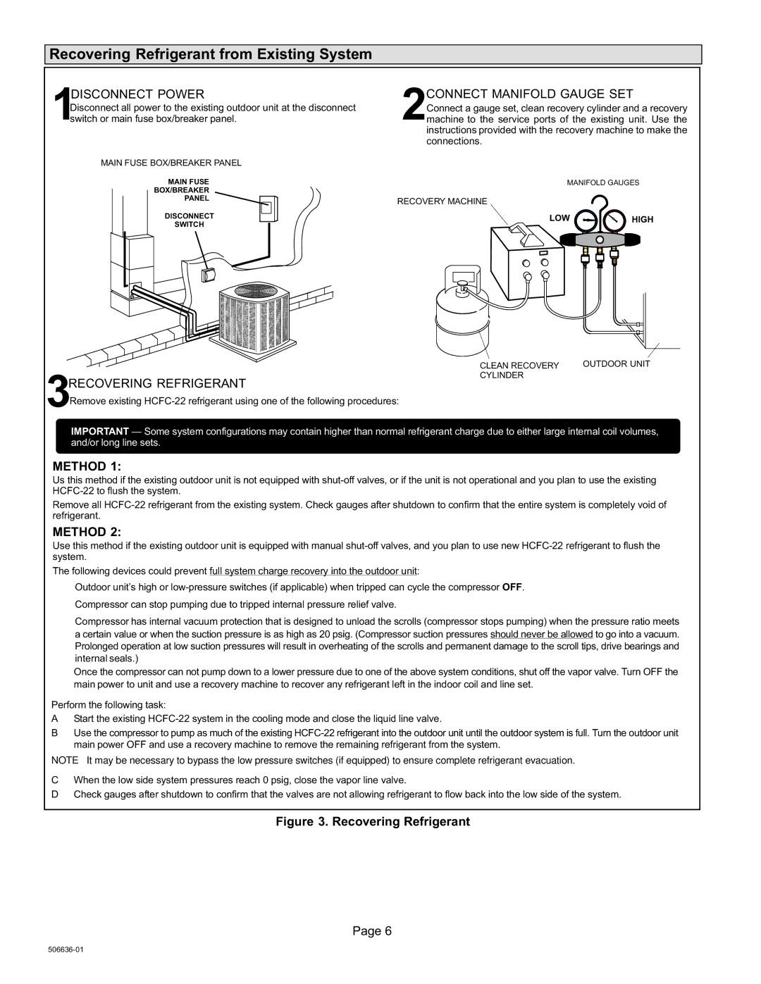 Lenox XC14 Recovering Refrigerant from Existing System, 1DISCONNECT Power, 2CONNECT Manifold Gauge SET, Method 