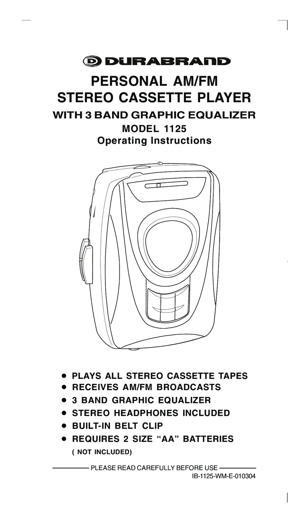 Lenoxx Electronics 1125 manual Personal AM/FM Stereo Cassette Player, With 3 Band Graphic Equalizer 