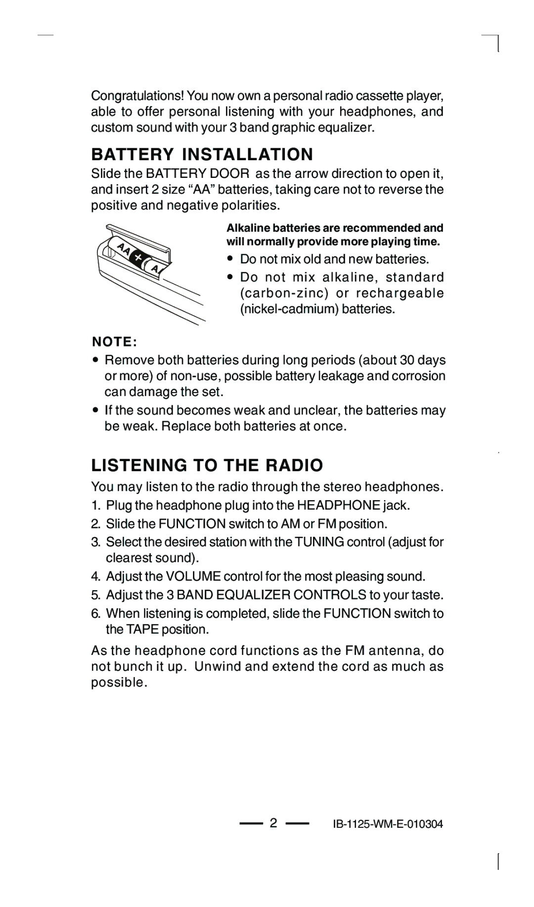 Lenoxx Electronics 1125 manual Battery Installation, Listening to the Radio 