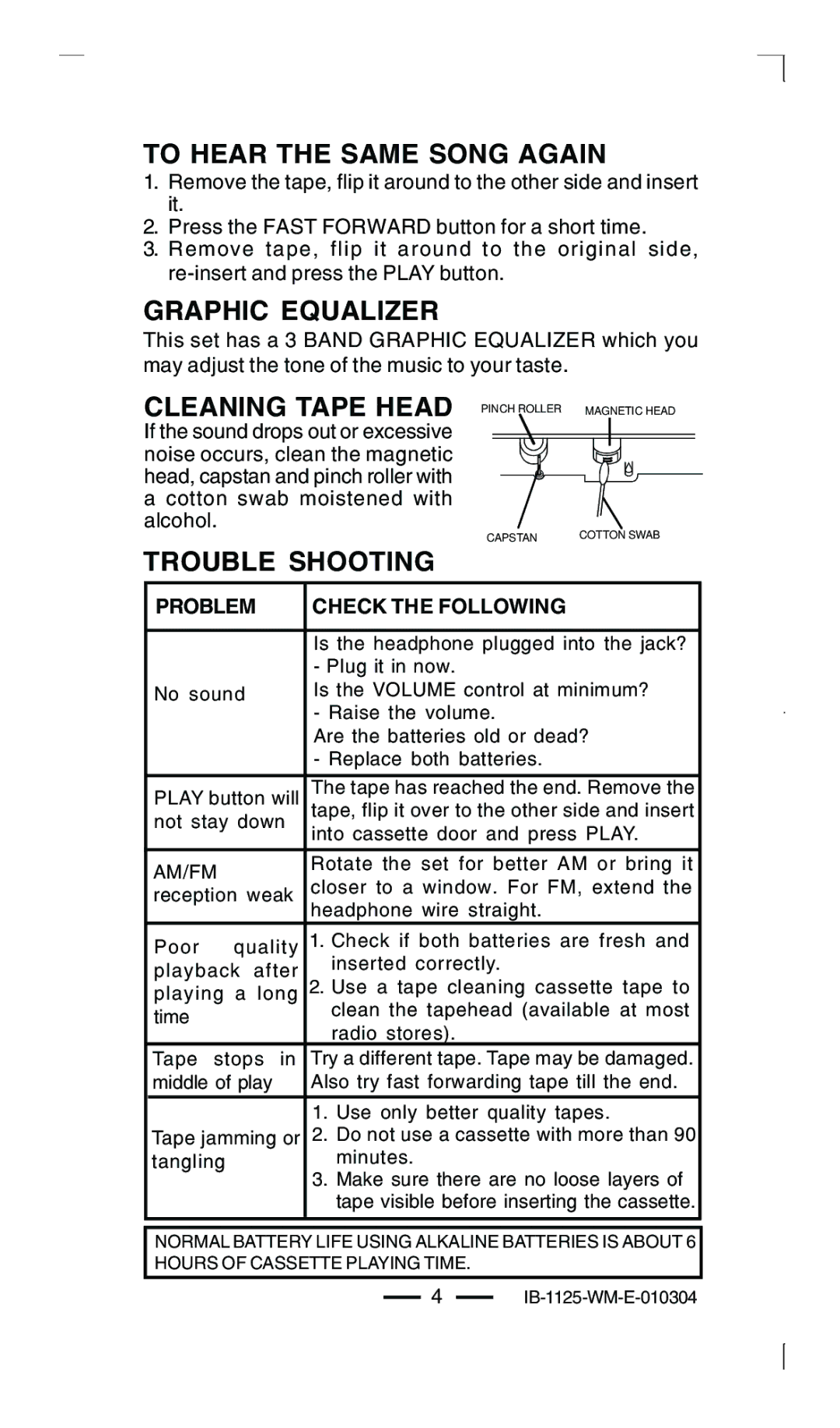 Lenoxx Electronics 1125 manual To Hear the Same Song Again, Graphic Equalizer, Cleaning Tape Head, Trouble Shooting 