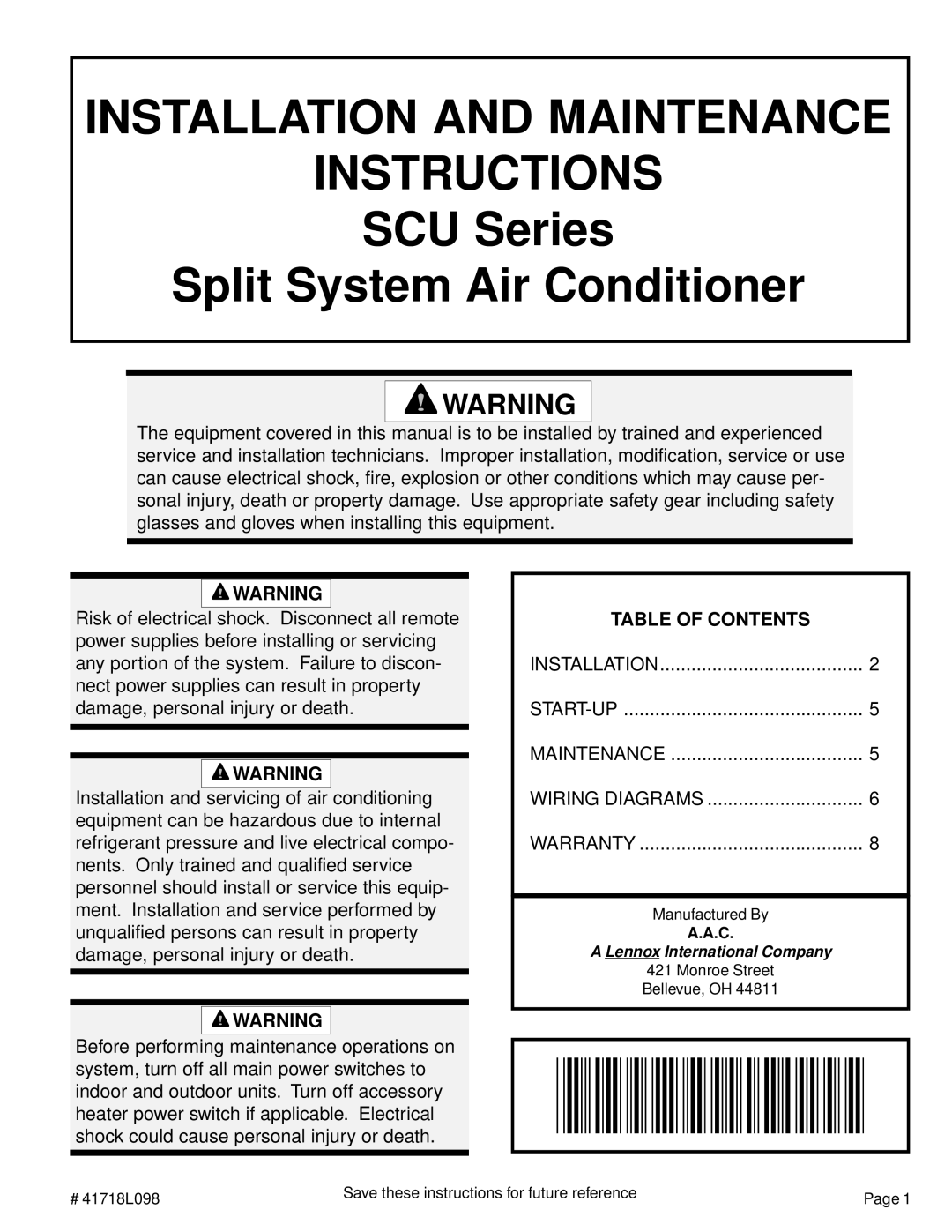 Lenoxx Electronics 41718L098 warranty Installation and Maintenance Instructions, Table of Contents 