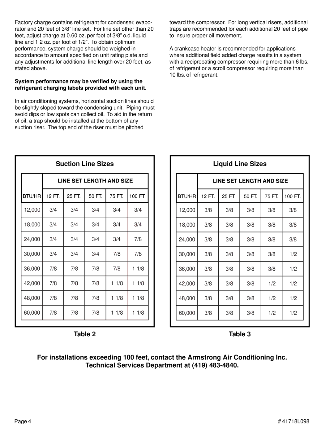 Lenoxx Electronics 41718L098 warranty Suction Line Sizes, Liquid Line Sizes 