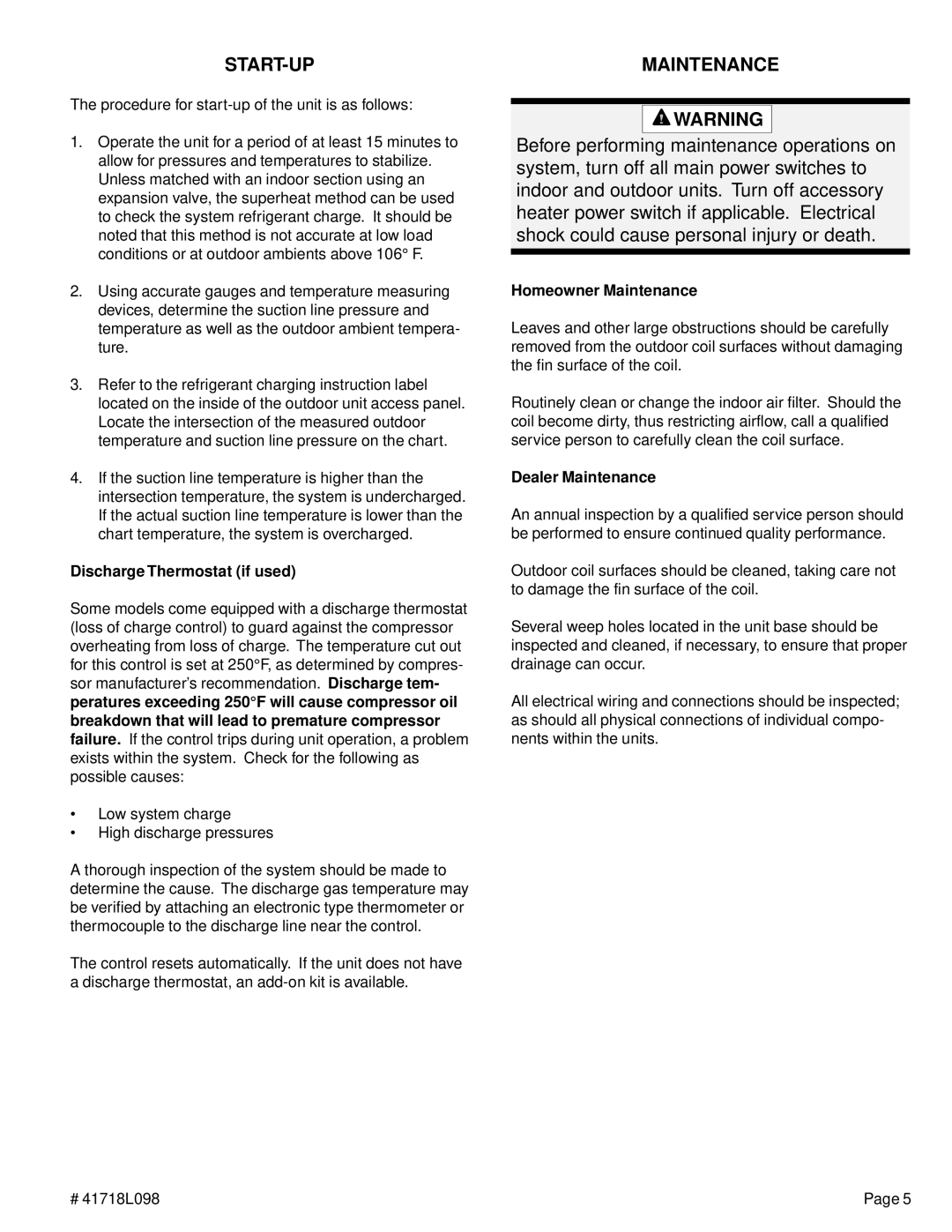 Lenoxx Electronics 41718L098 warranty Start-Up, Discharge Thermostat if used, Homeowner Maintenance, Dealer Maintenance 