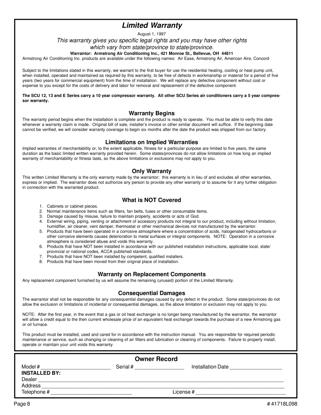 Lenoxx Electronics 41718L098 warranty Limited Warranty, Owner Record 