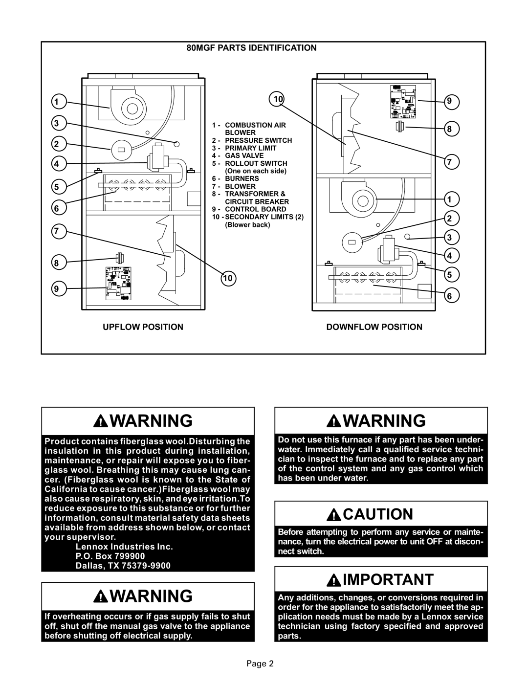 Lenoxx Electronics manual 80MGF Parts Identification, Upflow Position Downflow Position 