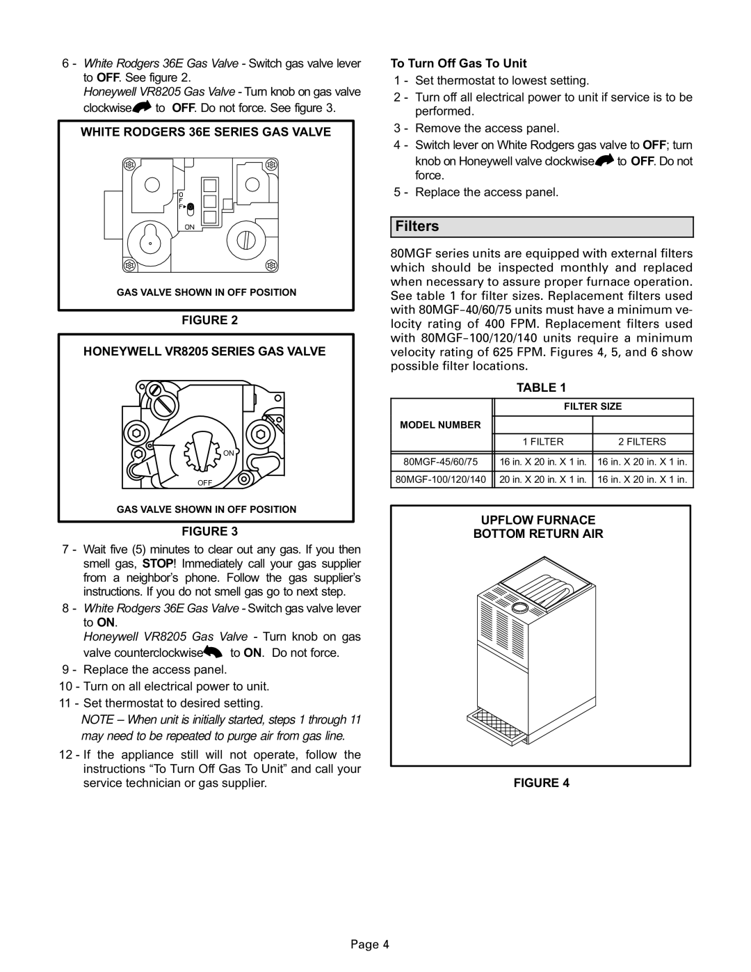 Lenoxx Electronics 80MGF manual Filters, White Rodgers 36E Series GAS Valve, Honeywell VR8205 Series GAS Valve 