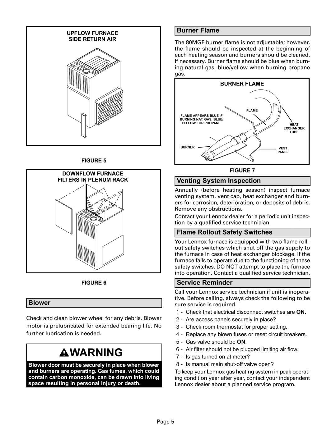 Lenoxx Electronics 80MGF Burner Flame, Blower, Venting System Inspection, Flame Rollout Safety Switches, Service Reminder 