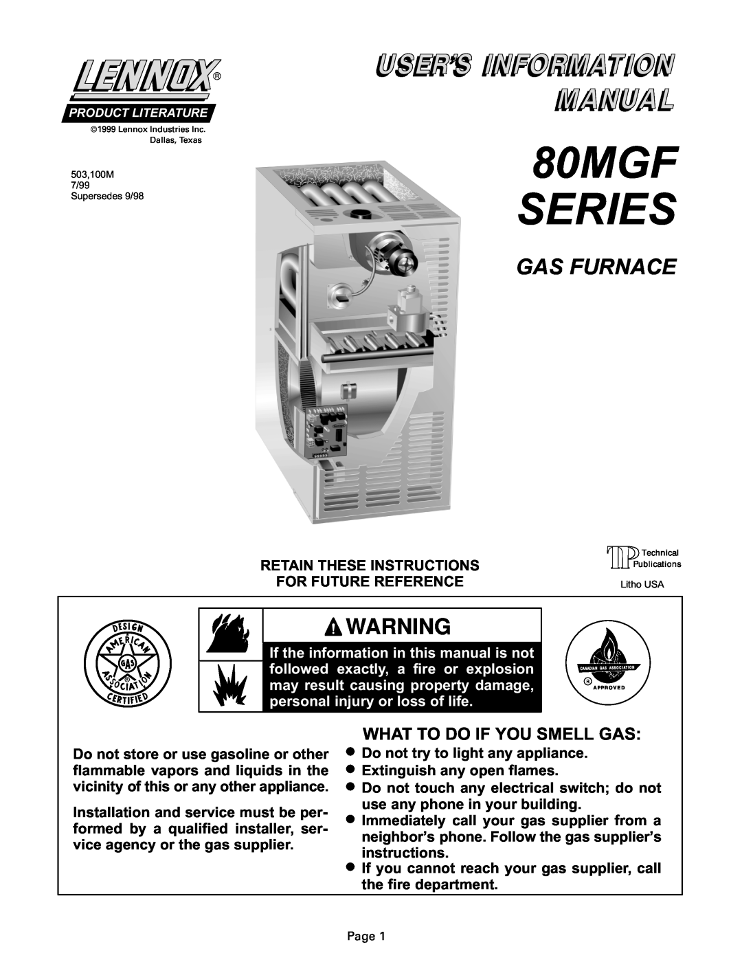 Lenoxx Electronics manual 80MGF SERIES, Gas Furnace, What To Do If You Smell Gas 