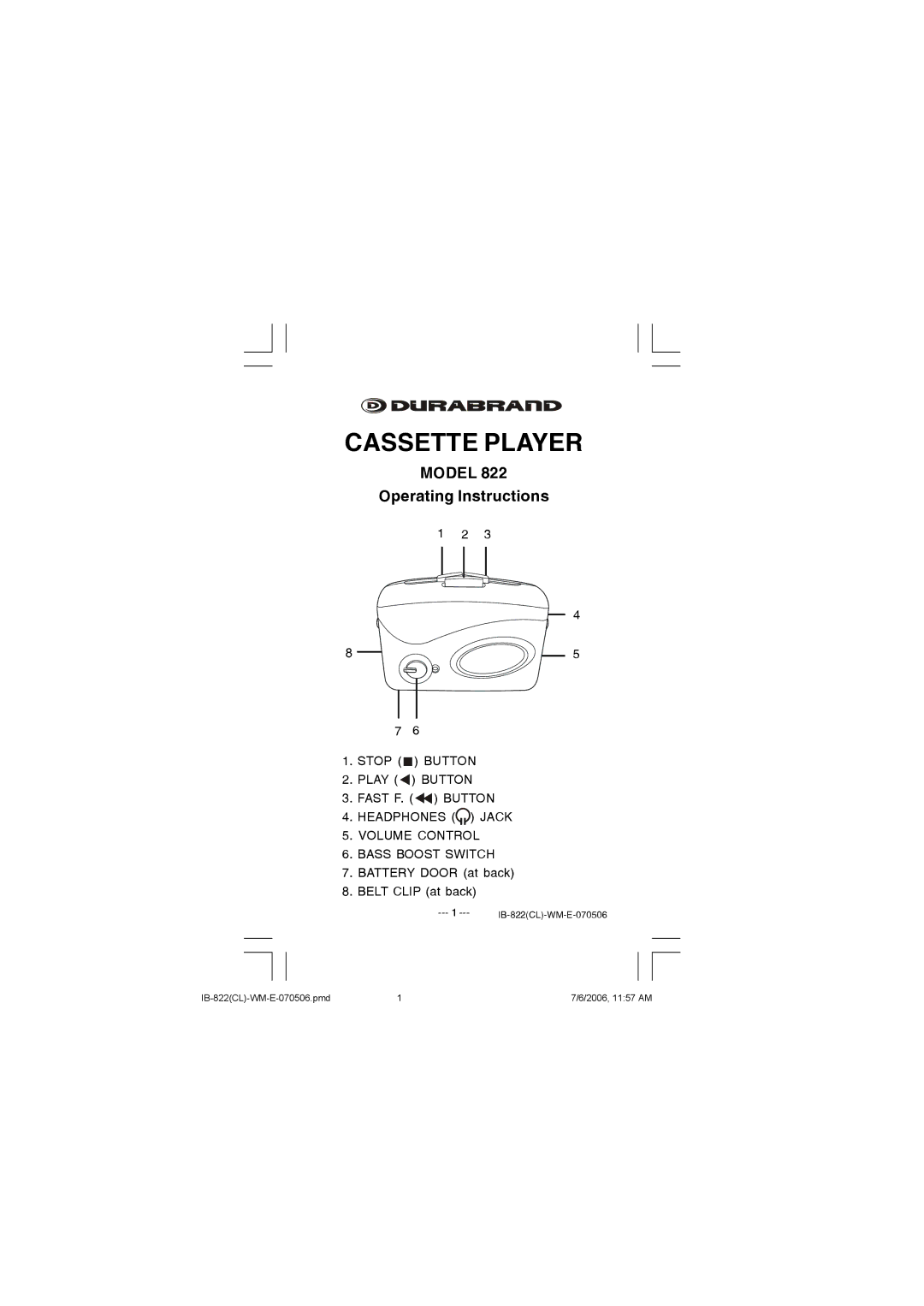 Lenoxx Electronics 822 manual Cassette Player 