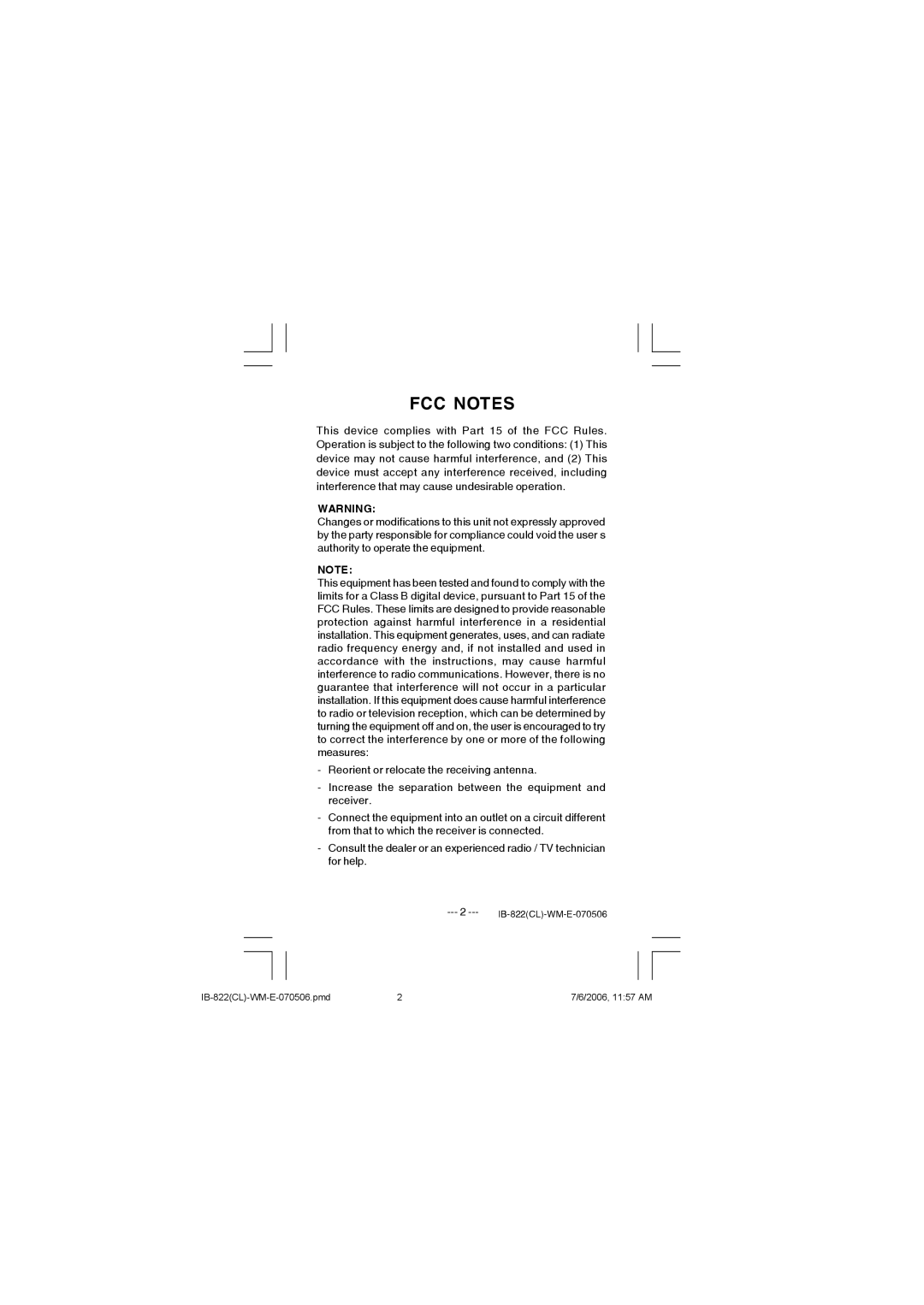 Lenoxx Electronics 822 manual FCC Notes 