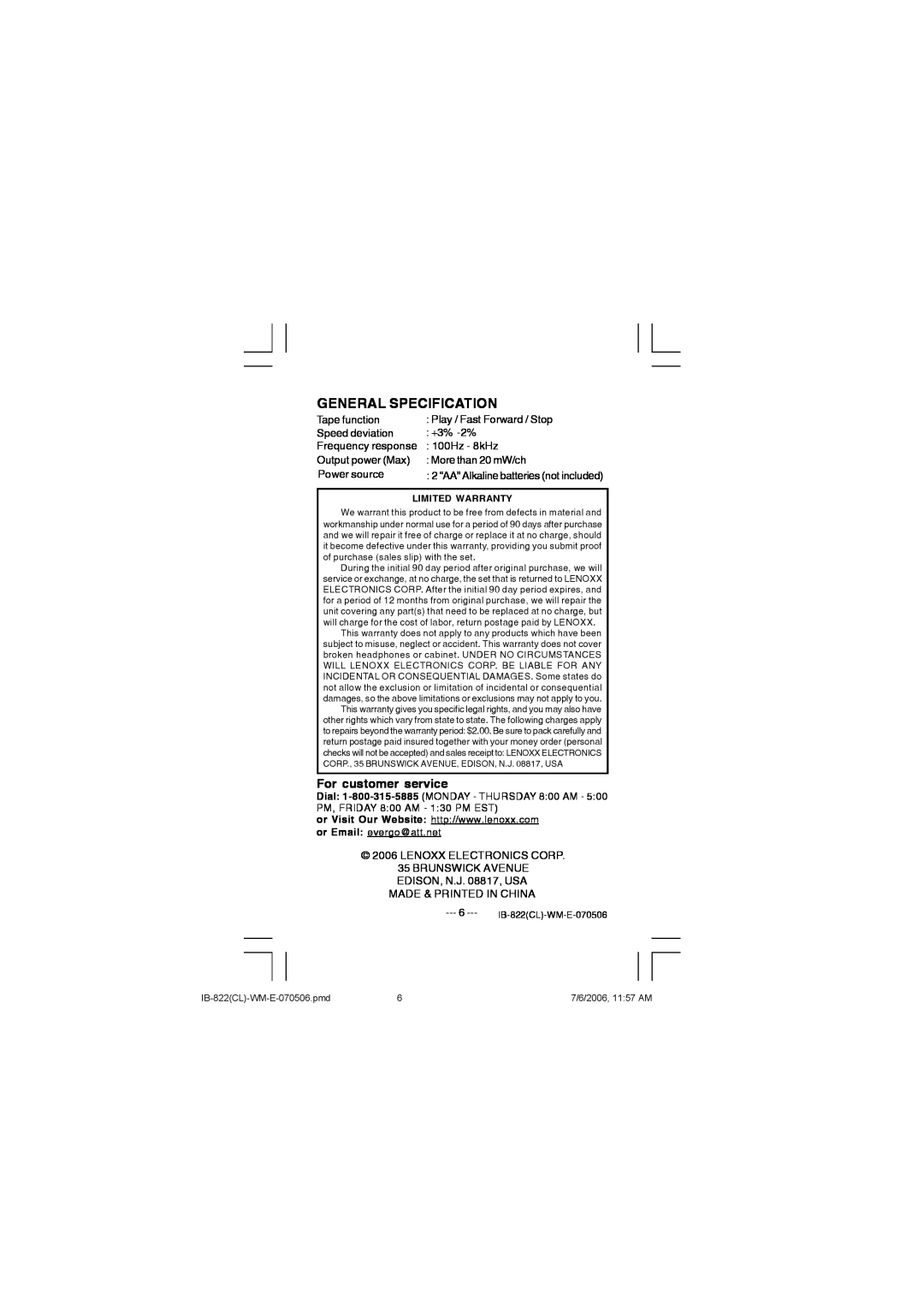 Lenoxx Electronics 822 manual General Specification, For customer service 