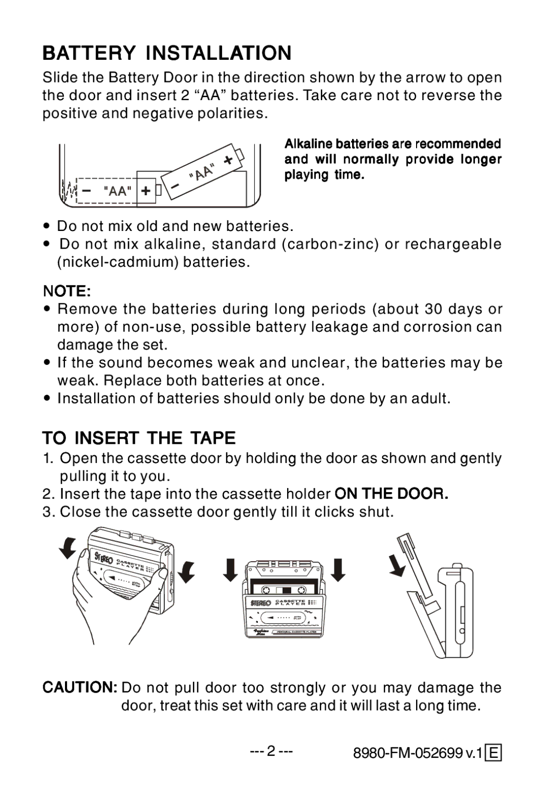 Lenoxx Electronics 8980 FM manual Battery Installation, To Insert the Tape 