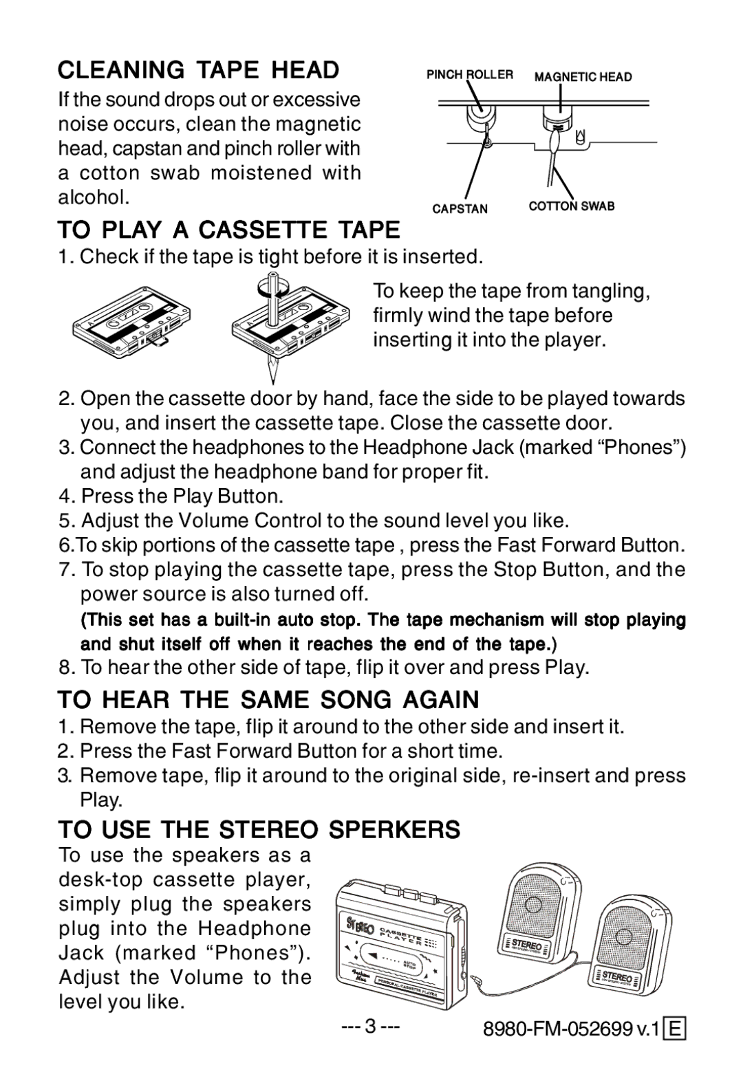 Lenoxx Electronics 8980 FM manual Cleaning Tape Head, To Play a Cassette Tape, To Hear the Same Song Again 