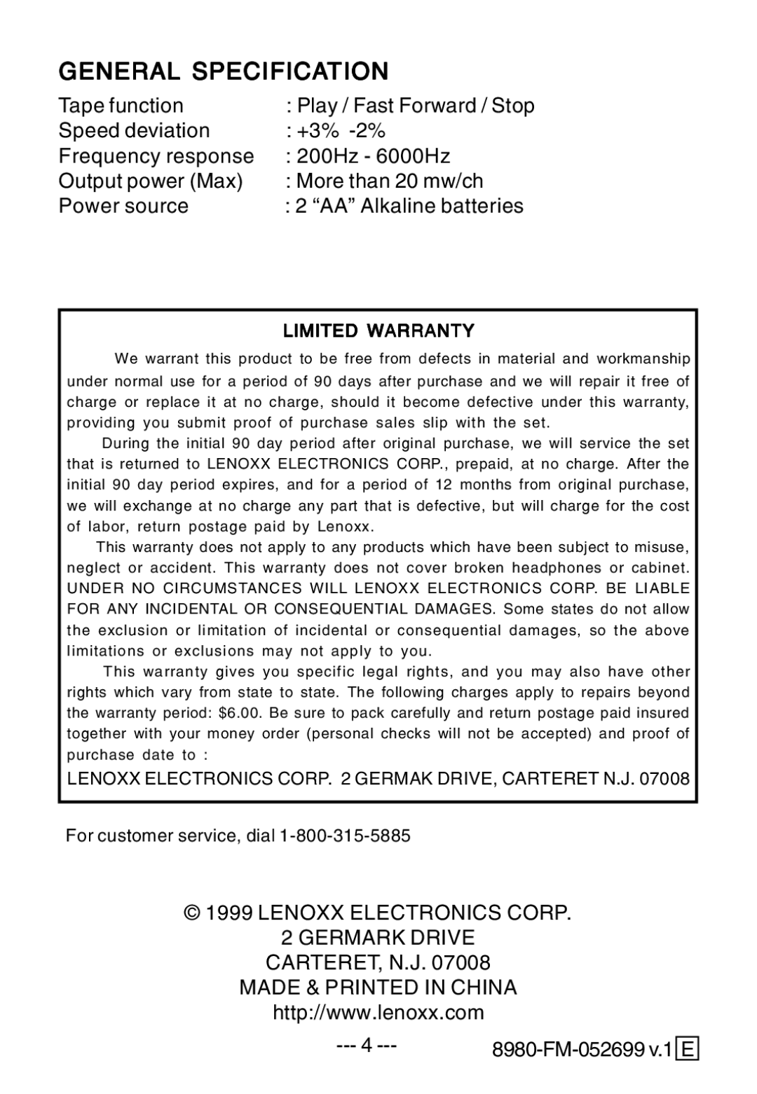 Lenoxx Electronics 8980 FM manual General Specification, Limited Warranty 