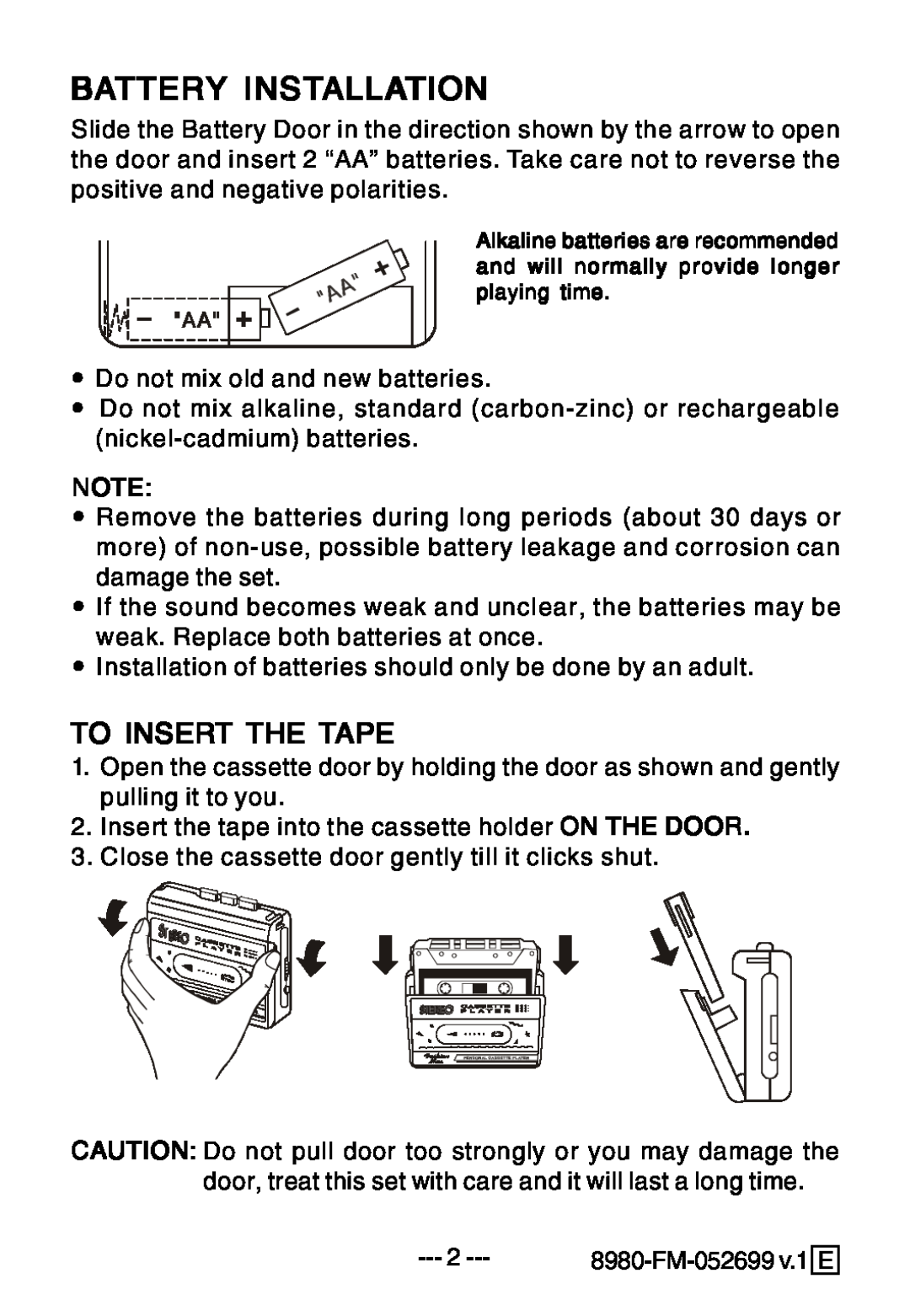 Lenoxx Electronics 8980 FM manual Battery Installation, To Insert The Tape 