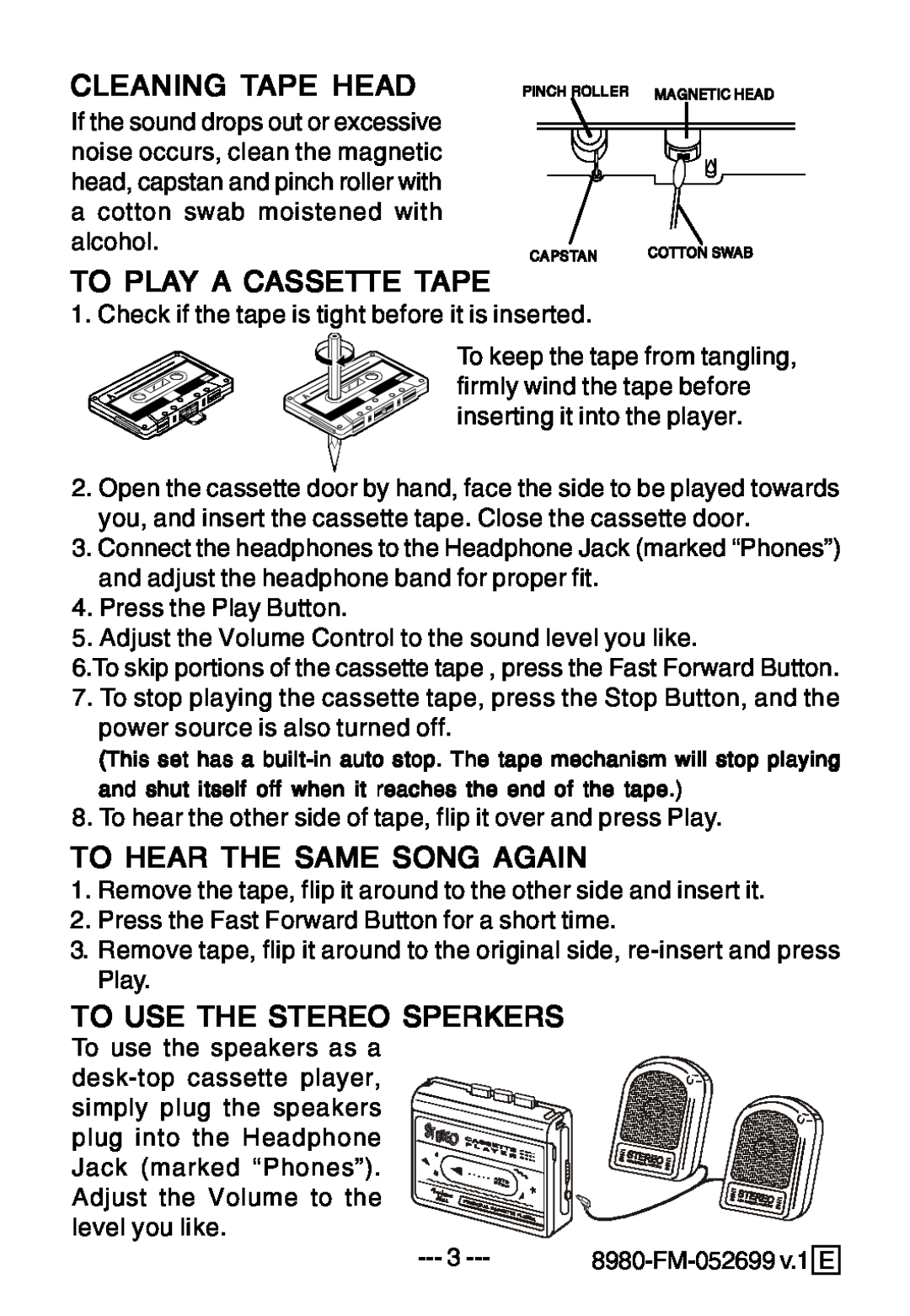 Lenoxx Electronics 8980 FM manual Cleaning Tape Head, To Play A Cassette Tape, To Hear The Same Song Again 