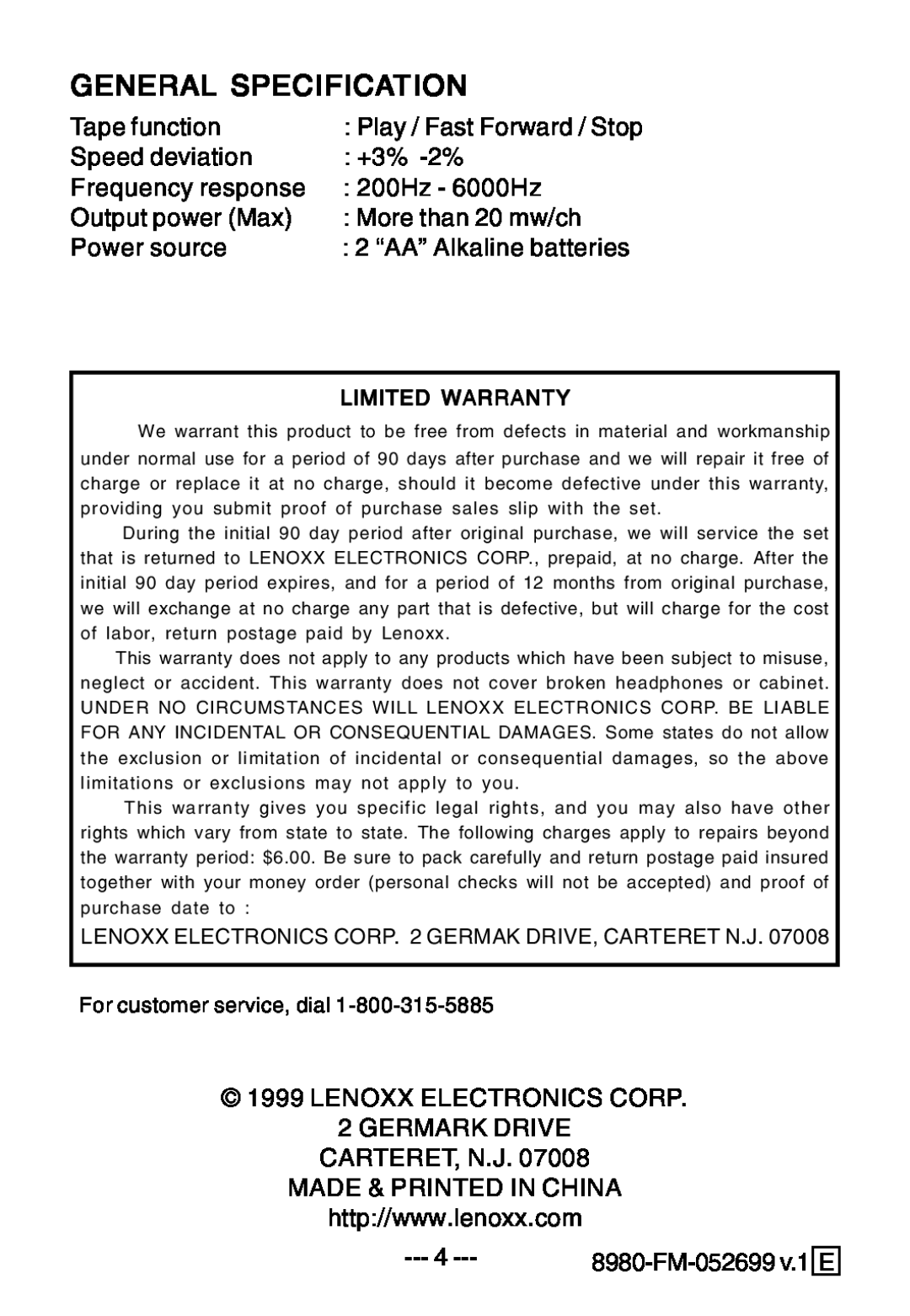 Lenoxx Electronics 8980 FM manual General Specification 