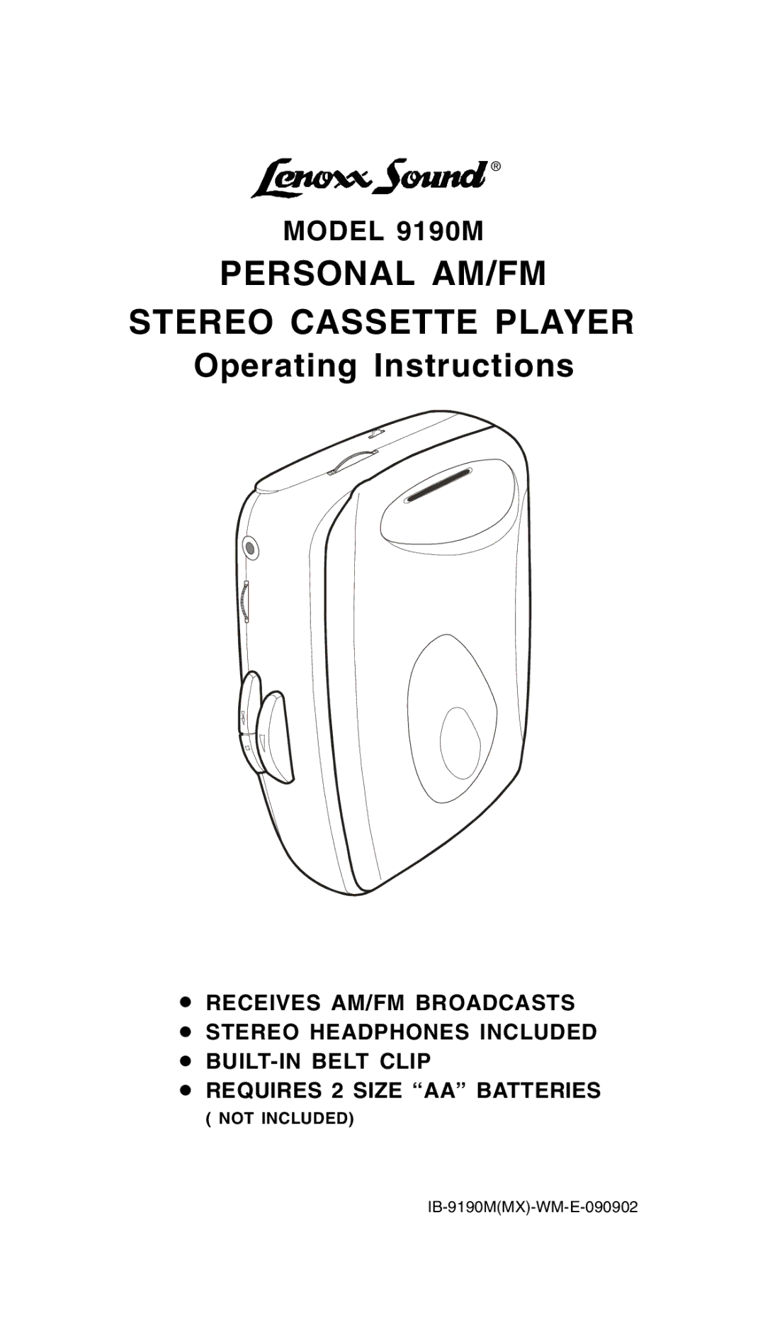 Lenoxx Electronics 9190M operating instructions Personal AM/FM Stereo Cassette Player 