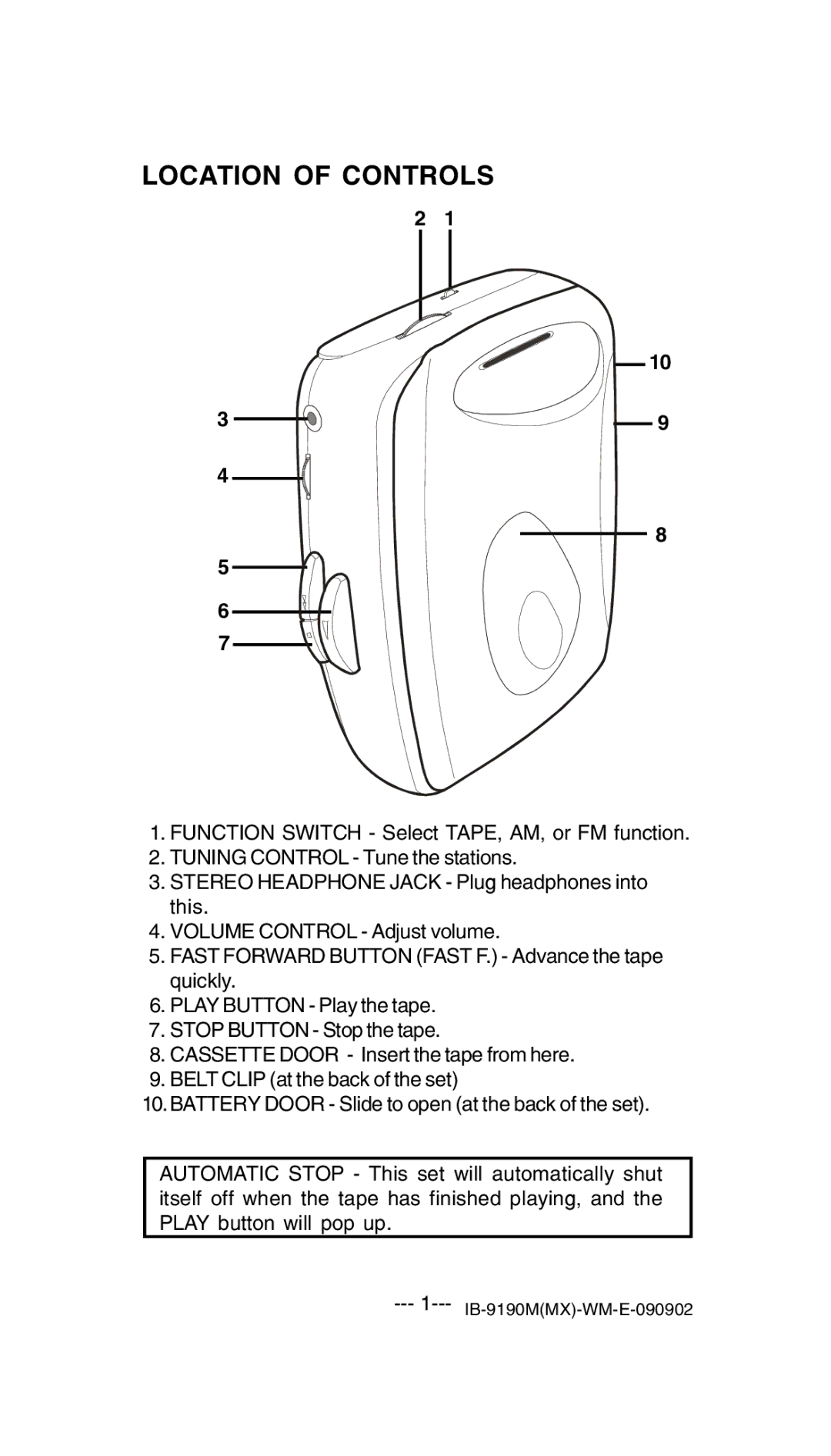 Lenoxx Electronics 9190M operating instructions Location of Controls 