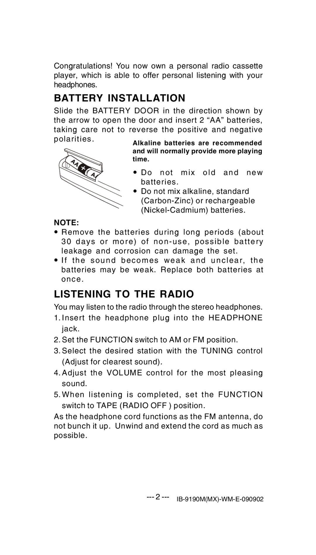 Lenoxx Electronics 9190M operating instructions Battery Installation, Listening to the Radio 