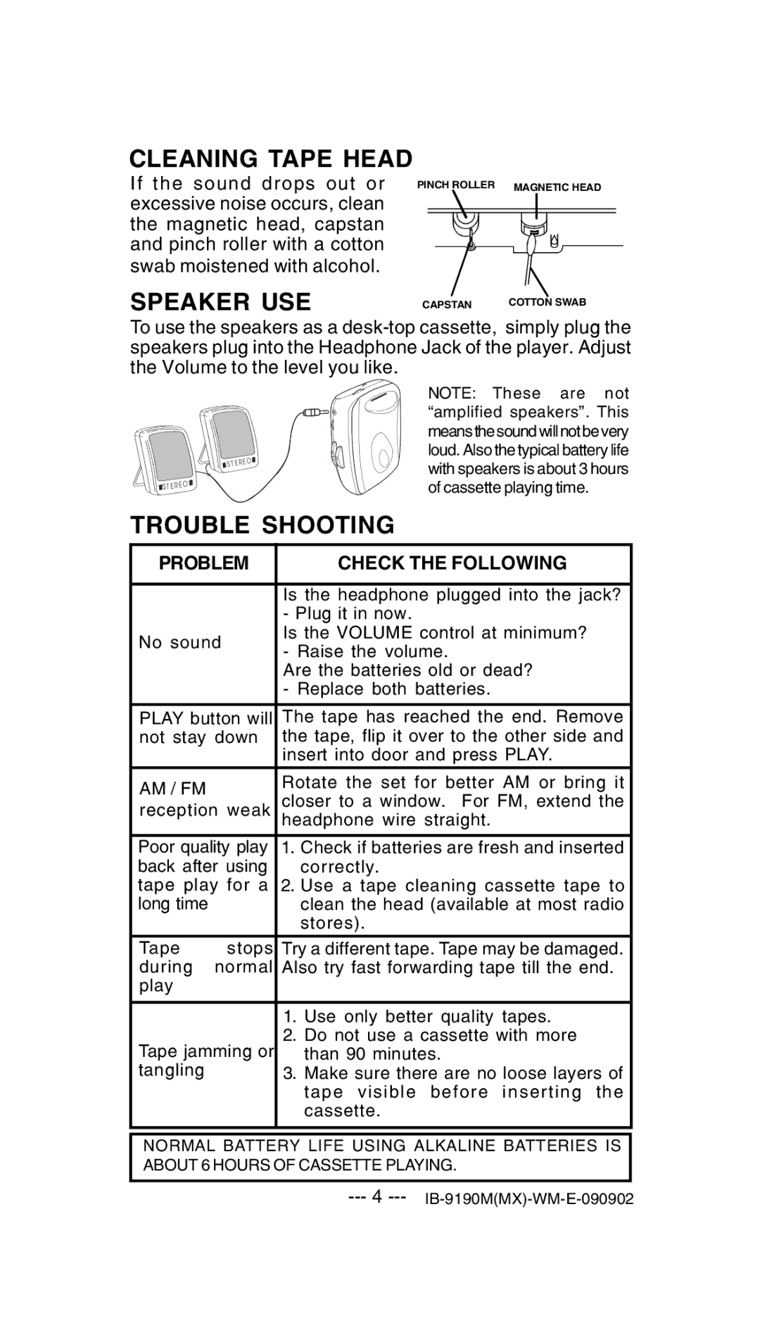 Lenoxx Electronics 9190M operating instructions Cleaning Tape Head, Speaker USE, Trouble Shooting 