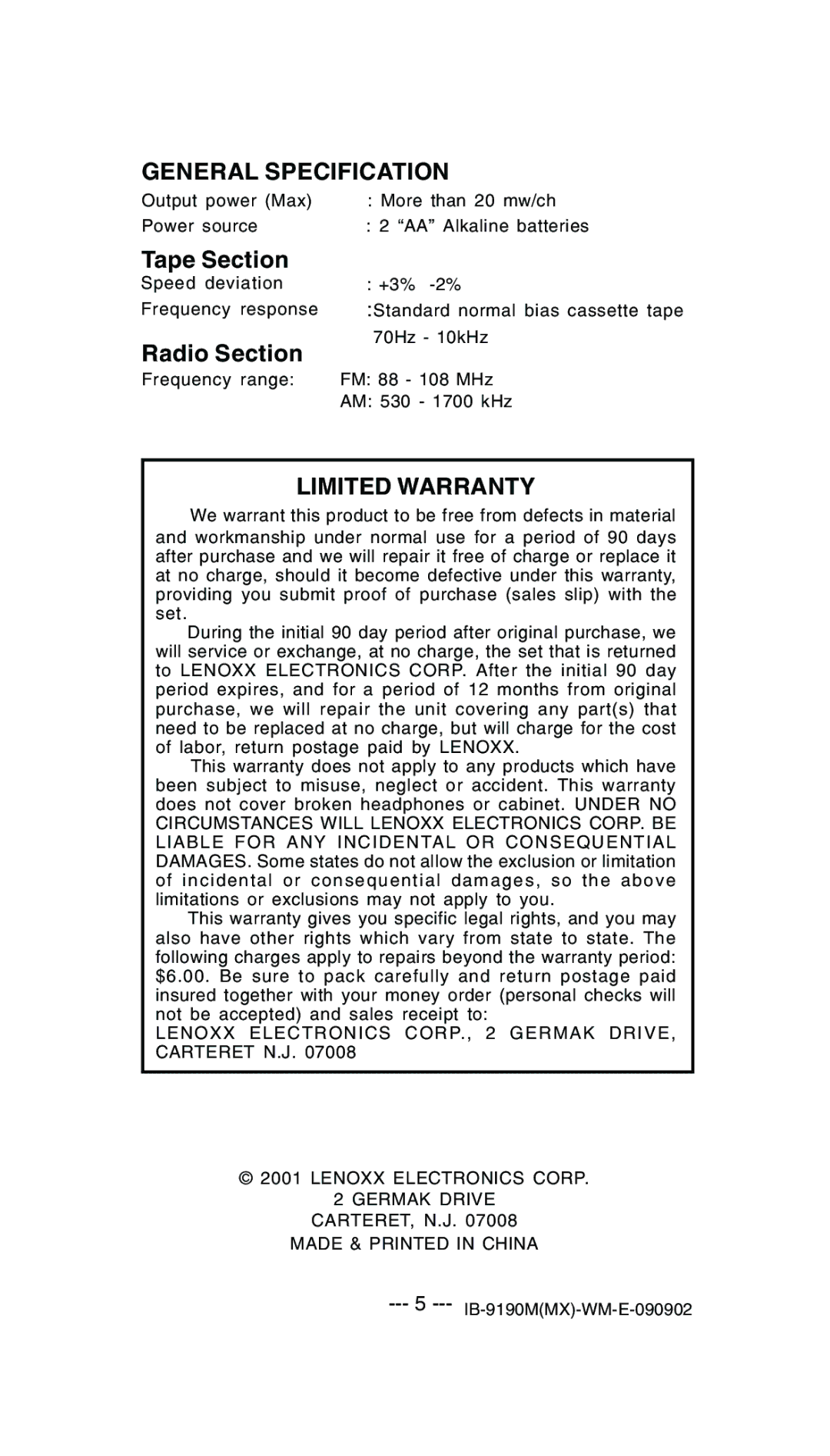 Lenoxx Electronics 9190M operating instructions General Specification 