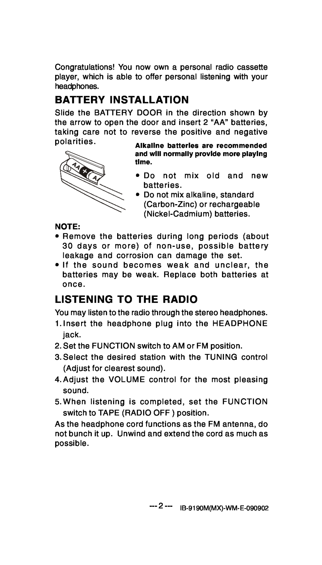 Lenoxx Electronics 9190M operating instructions Battery Installation, Listening To The Radio 