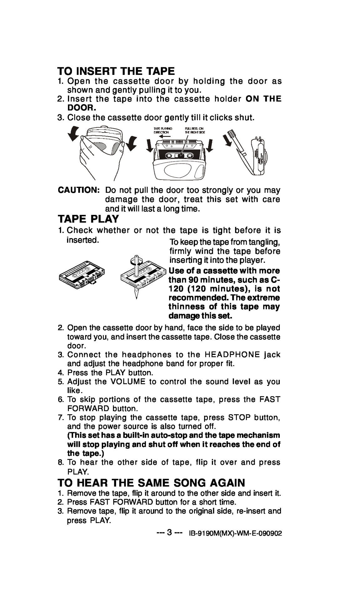 Lenoxx Electronics 9190M operating instructions To Insert The Tape, Tape Play, To Hear The Same Song Again 