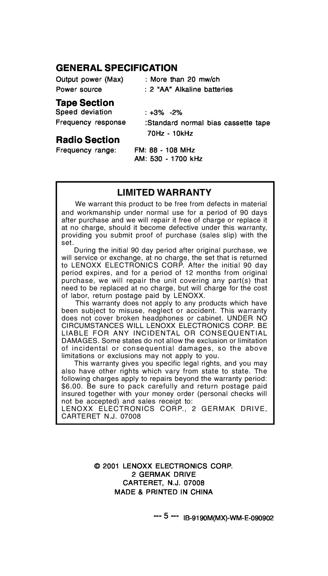 Lenoxx Electronics 9190M operating instructions General Specification, Tape Section, Radio Section, Limited Warranty 