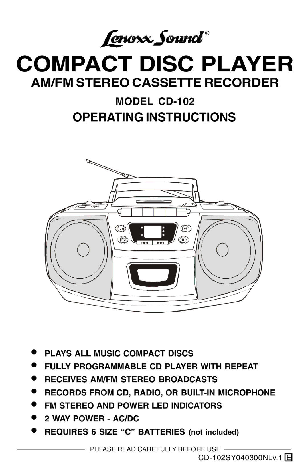 Lenoxx Electronics CD-102 operating instructions Compact Disc Player 