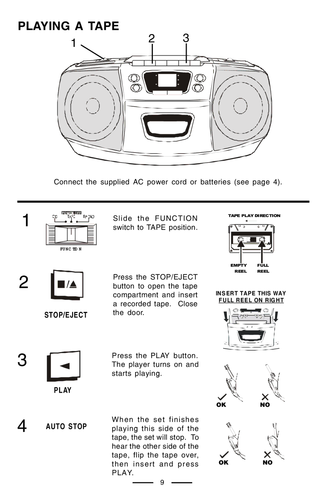 Lenoxx Electronics CD-102 operating instructions Playing a Tape, STOP/EJECT Play, Auto Stop 