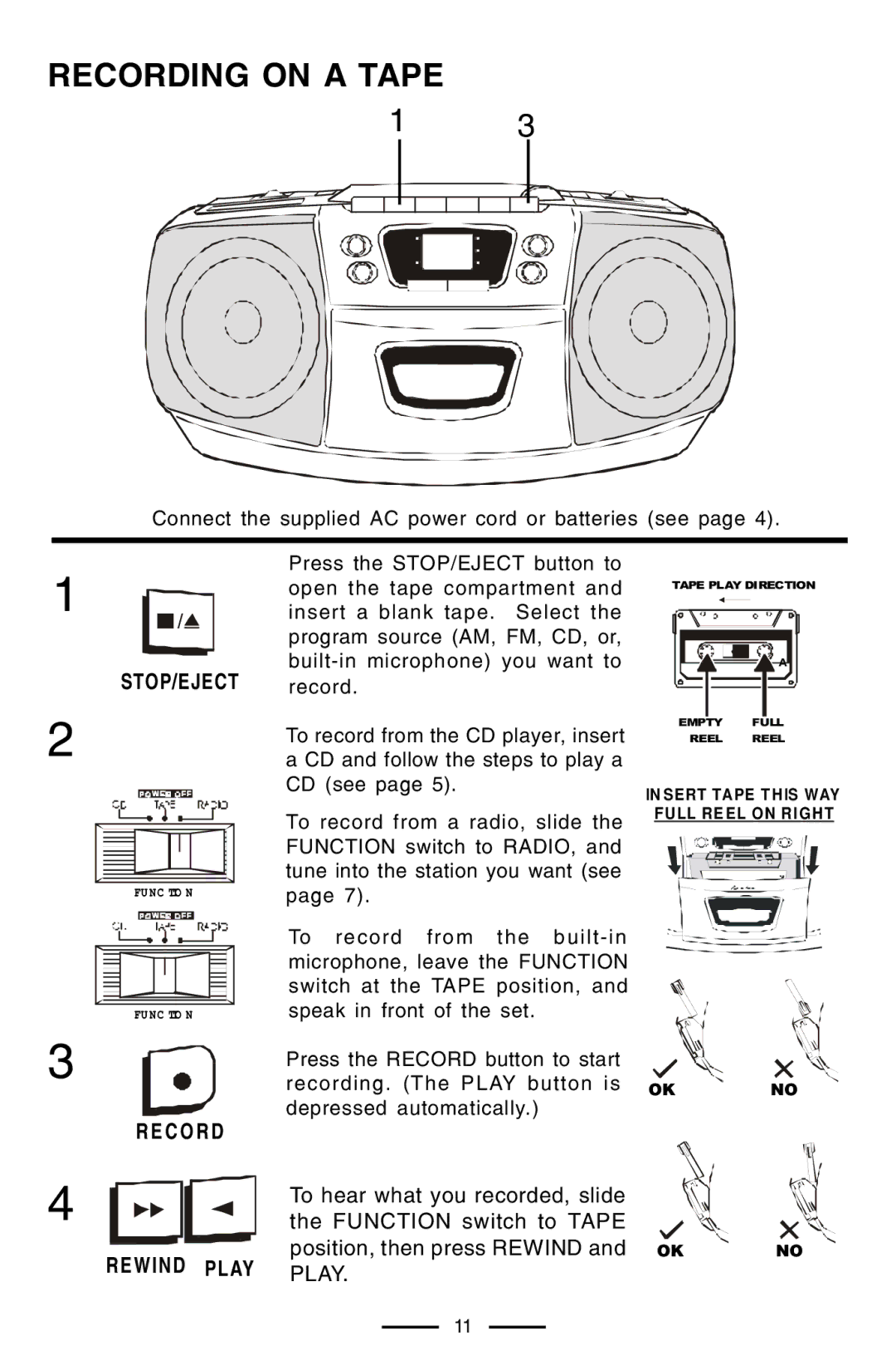 Lenoxx Electronics CD-102 operating instructions Recording on a Tape, Stop/Eject, C O R D Rewind Play 