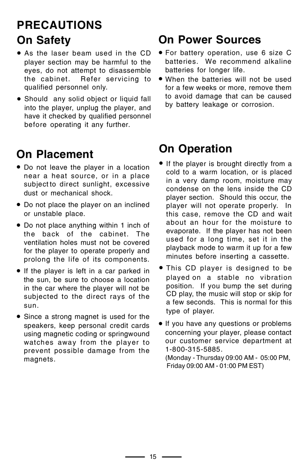 Lenoxx Electronics CD-102 operating instructions Precautions, On Safety, On Power Sources, On Placement, On Operation 