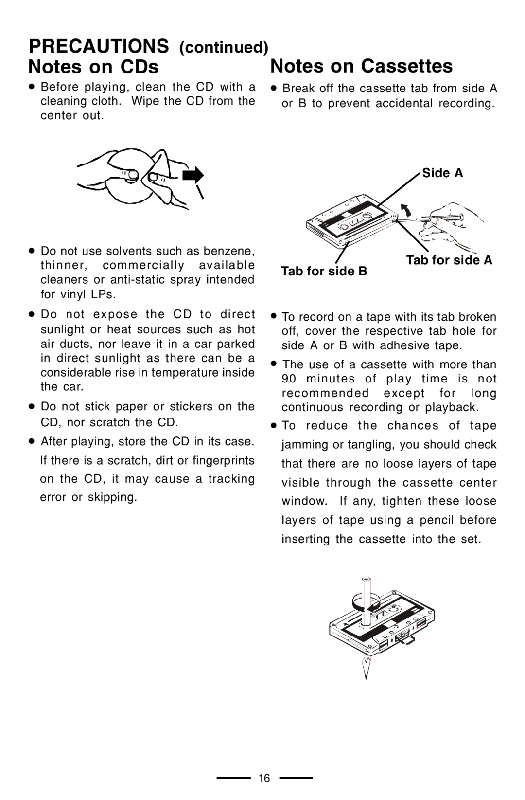 Lenoxx Electronics CD-102 operating instructions Precautions Notes on CDs, Tab for side B Side a Tab for side a 