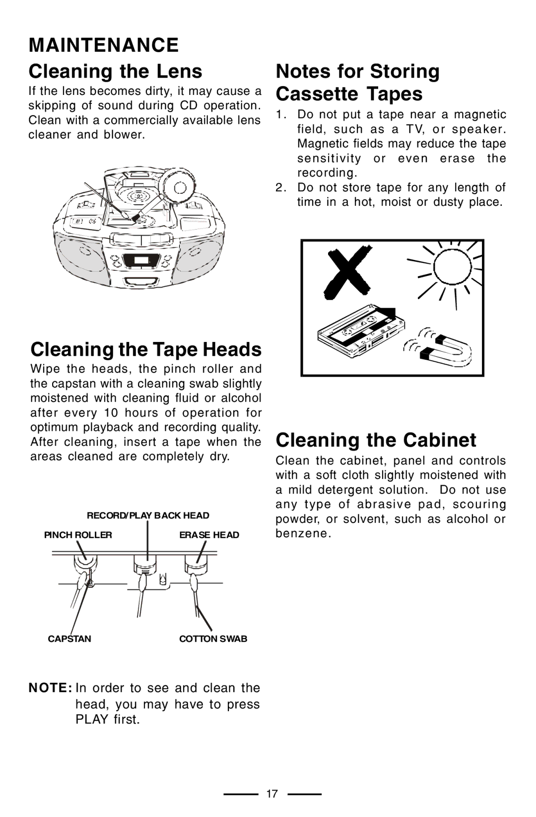 Lenoxx Electronics CD-102 Maintenance, Cleaning the Lens, Cleaning the Tape Heads, Cassette Tapes, Cleaning the Cabinet 