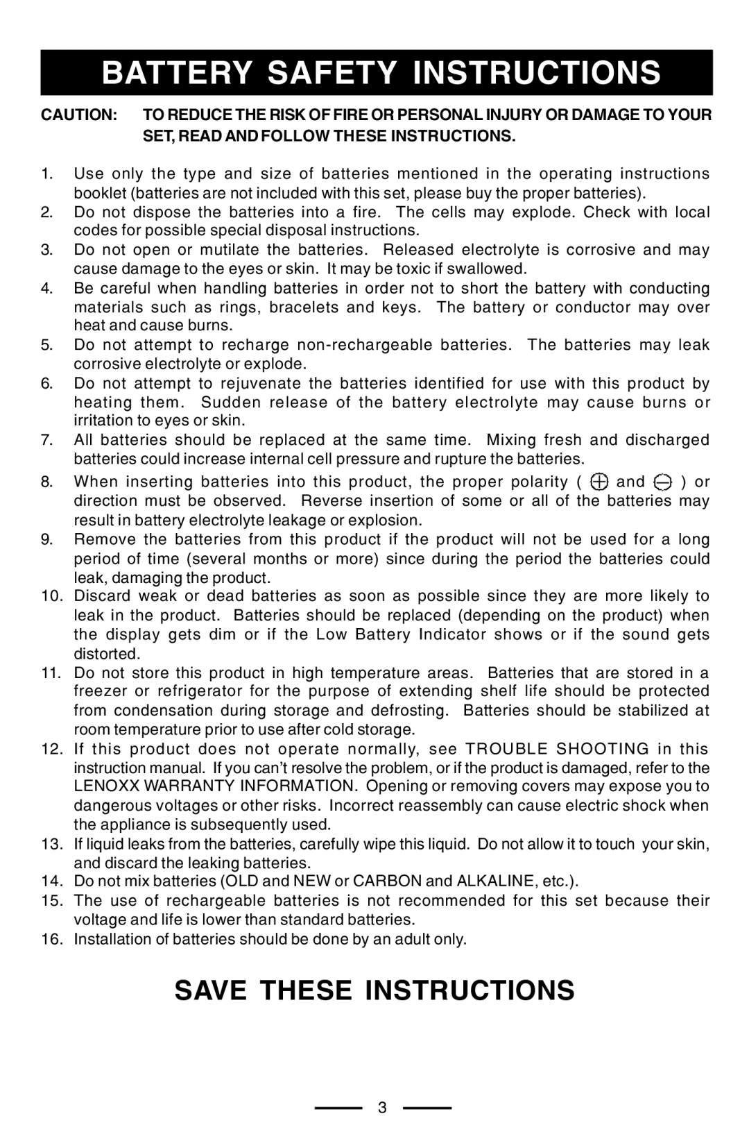 Lenoxx Electronics CD-102 operating instructions Battery Safety Instructions 