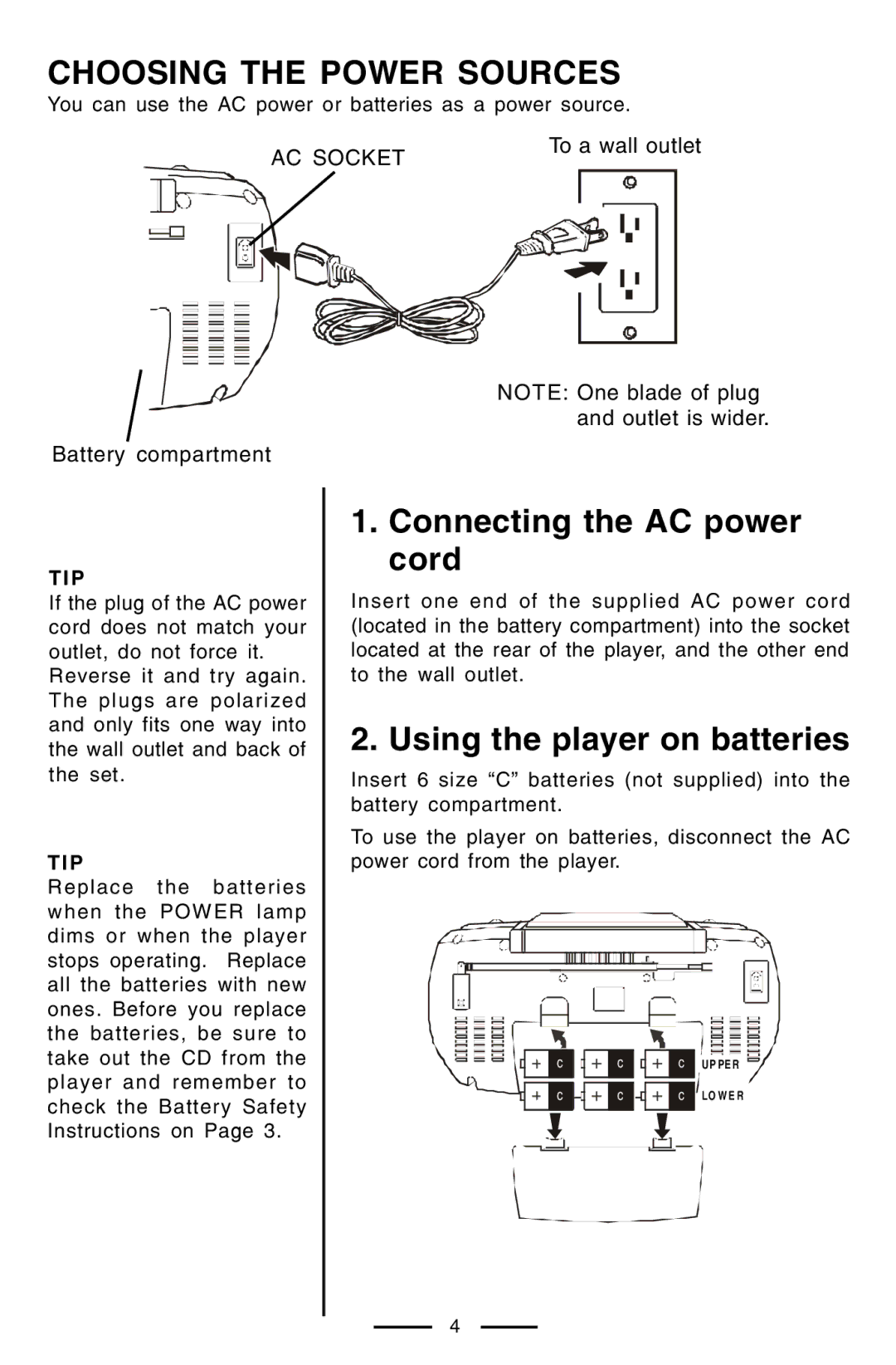 Lenoxx Electronics CD-102 Choosing the Power Sources, Connecting the AC power cord, Using the player on batteries 