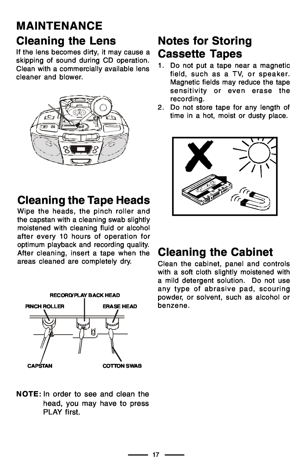 Lenoxx Electronics CD-102 MAINTENANCE Cleaning the Lens, Cleaning the Tape Heads, Notes for Storing Cassette Tapes 