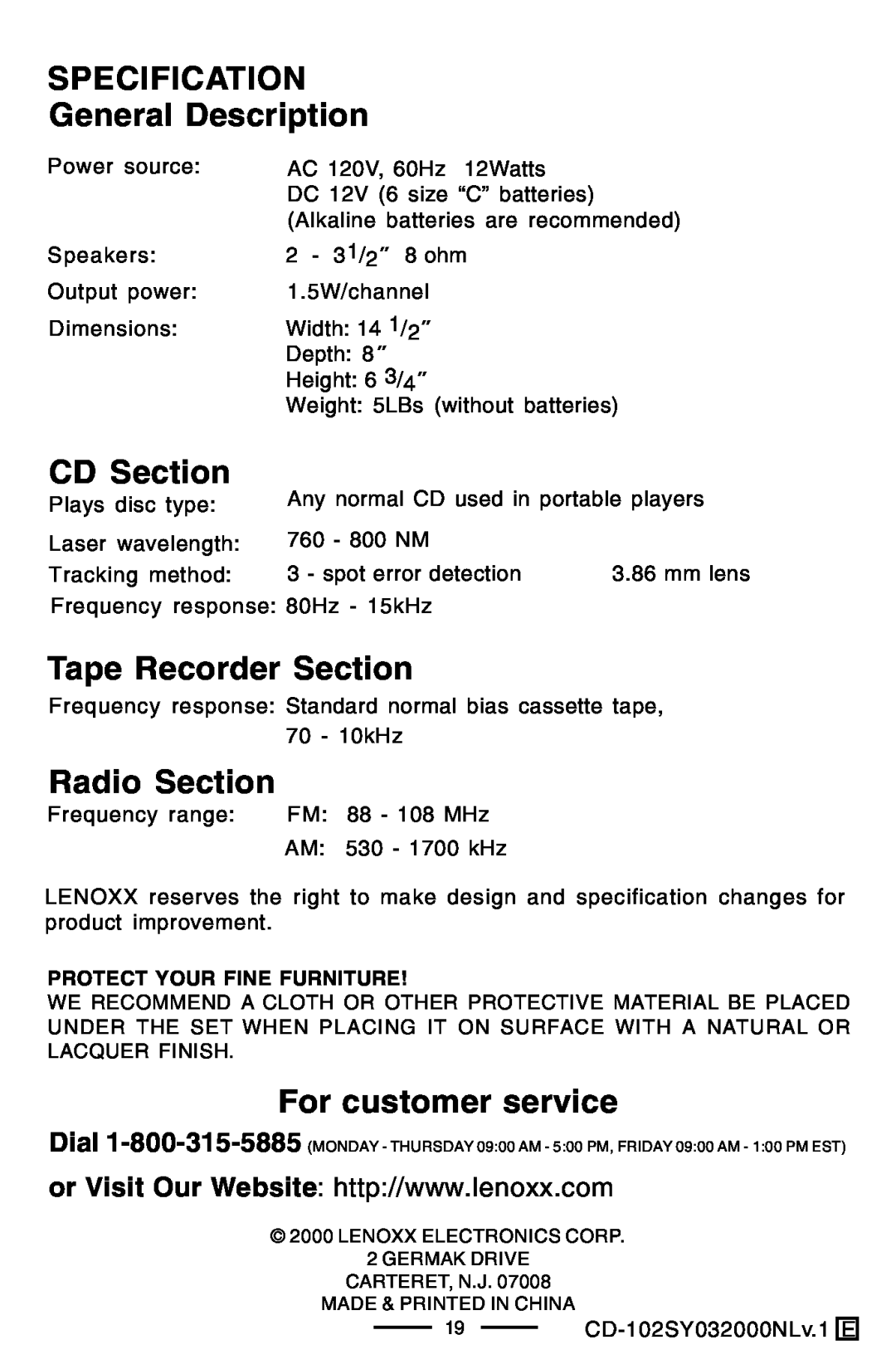 Lenoxx Electronics CD-102 SPECIFICATION General Description, CD Section, Tape Recorder Section, Radio Section 